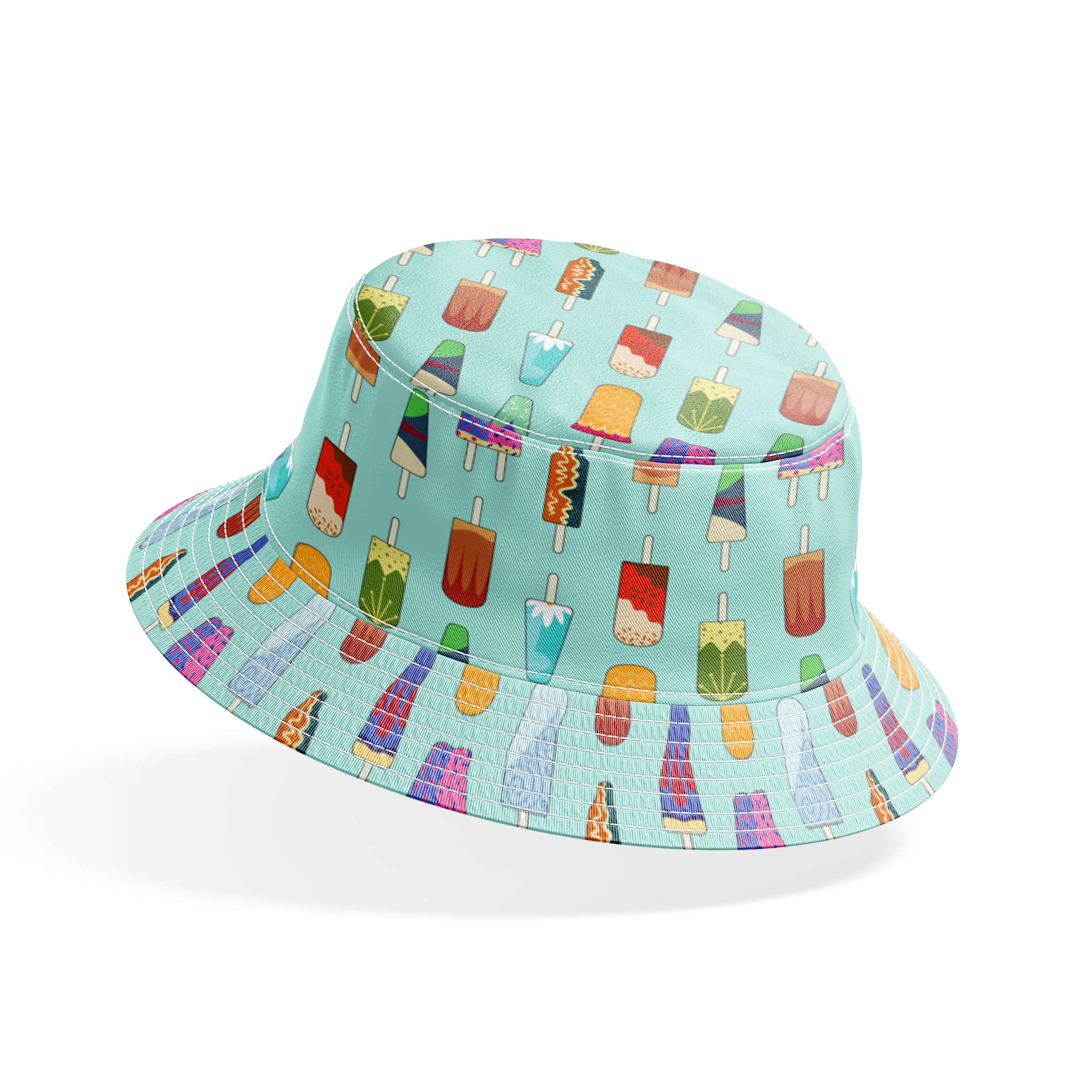 Disney Princess popsicle pattern on light teal background with various ice cream designs and styles bucket hat mockup