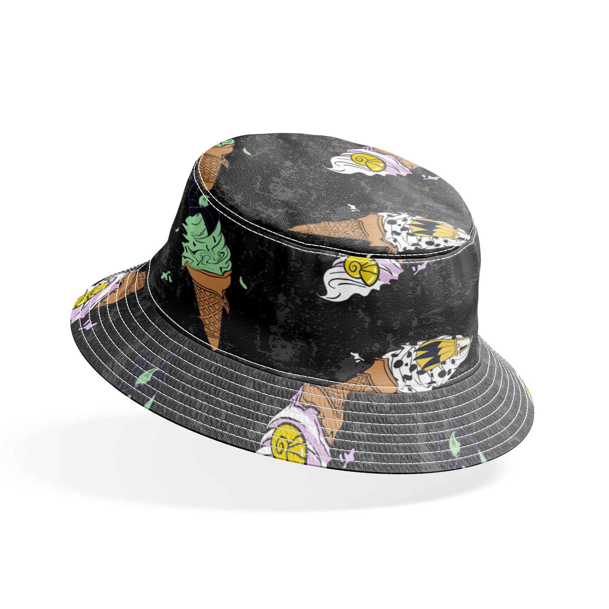 Disney Villain-inspired ice cream cones on black background bucket hat mockup