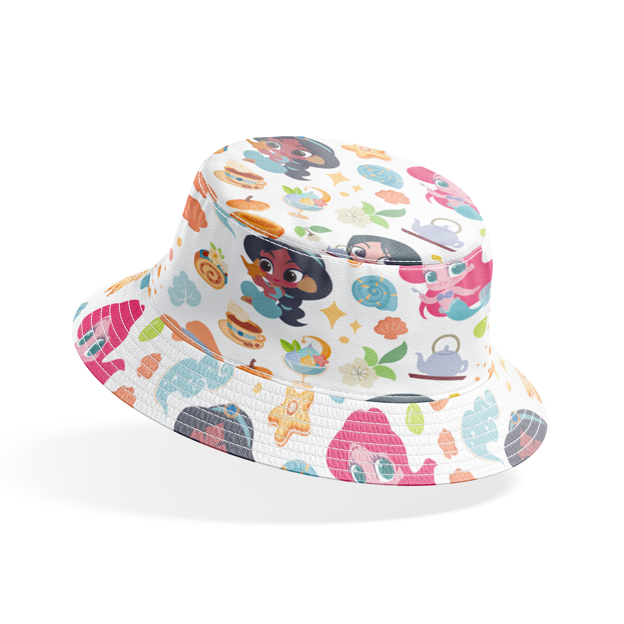 Disney Princess pattern with iconic characters, teapots, shells, sweets and gift boxes on white background bucket hat mockup