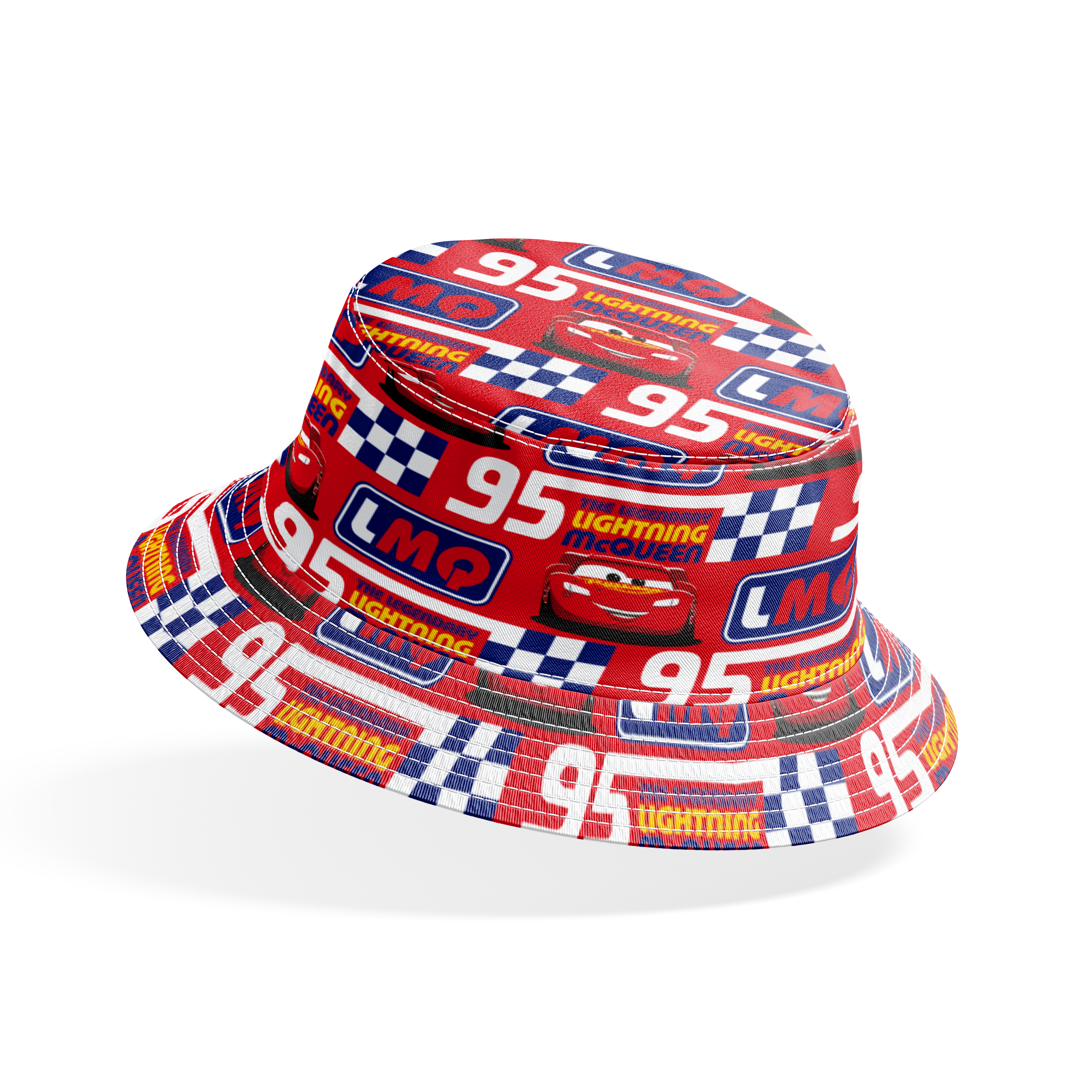 Colorful red racing pattern with "95" numbers, "Lightning" text, checkered flags, and blue "LMC" logos bucket hat mockup
