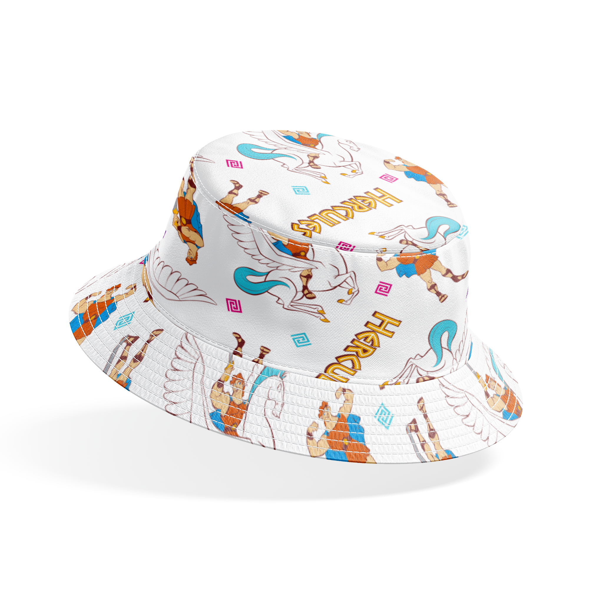 Cartoon pattern of Hercules characters with Pegasus, swords, and "HERCULES" text on white background bucket hat mockup