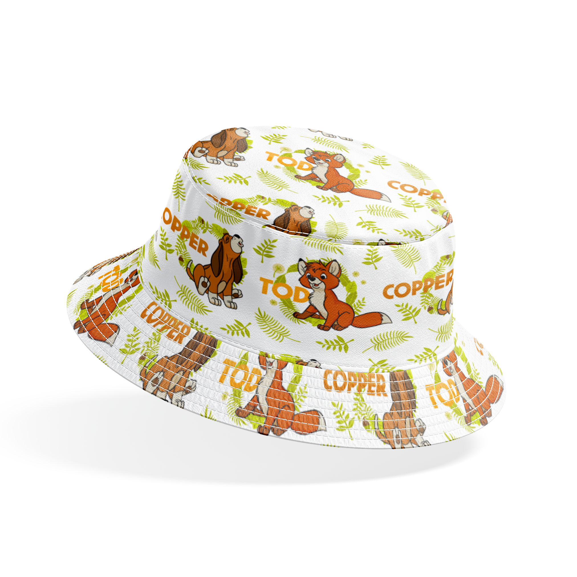 Fox and the Hound pattern with name "COPPER" and green fern background design bucket hat mockup