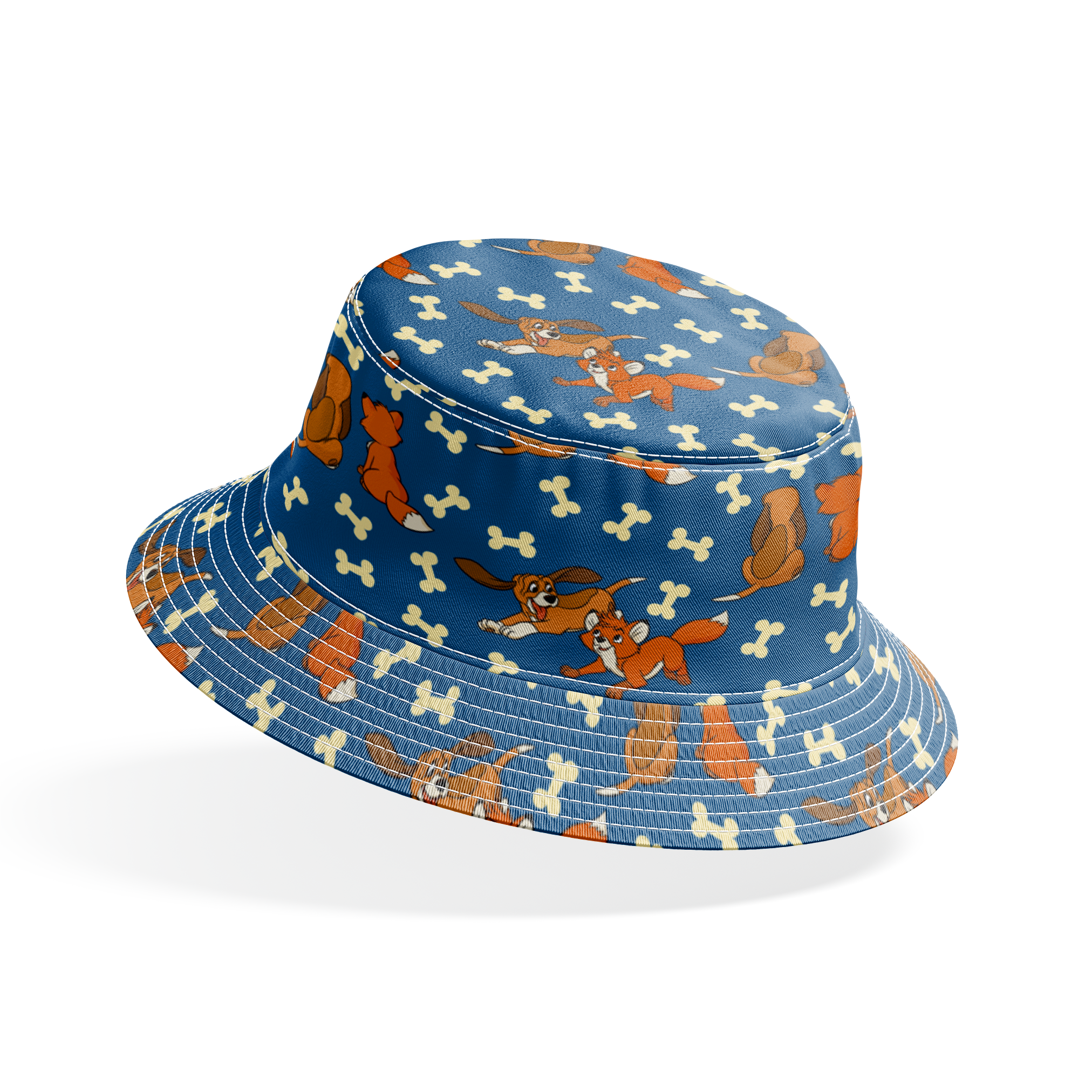 Fox and the Hound characters playing against blue background with scattered bone pattern bucket hat mockup