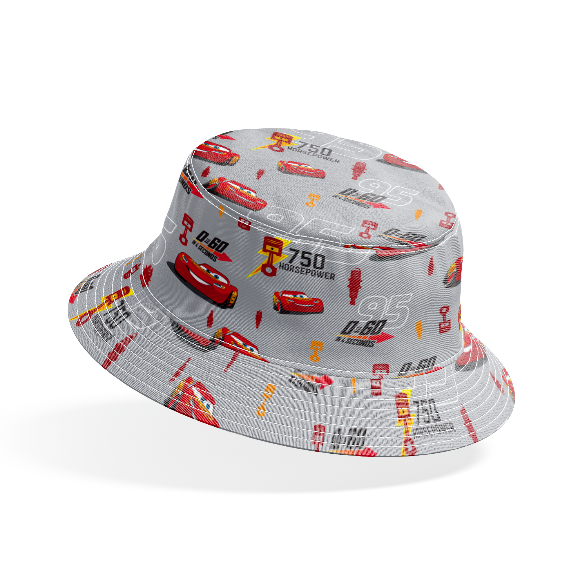 Red race cars with number 95 on gray background with racing graphics and "750 horsepower" text bucket hat mockup