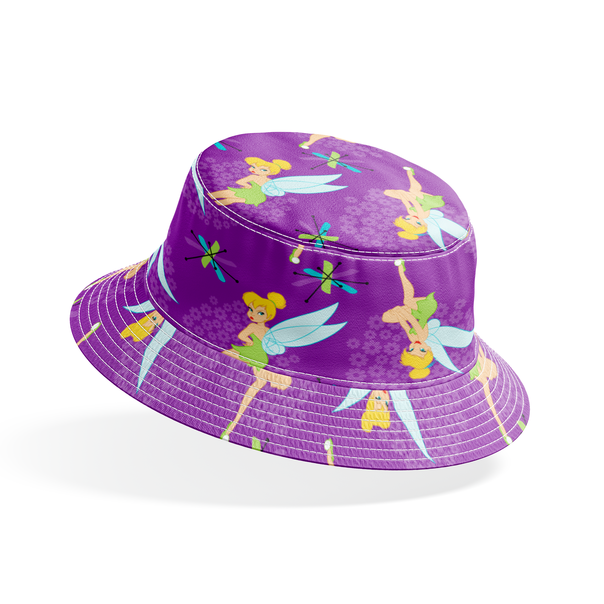 Repeating Tinker Bell pattern in green dresses on purple background bucket hat mockup