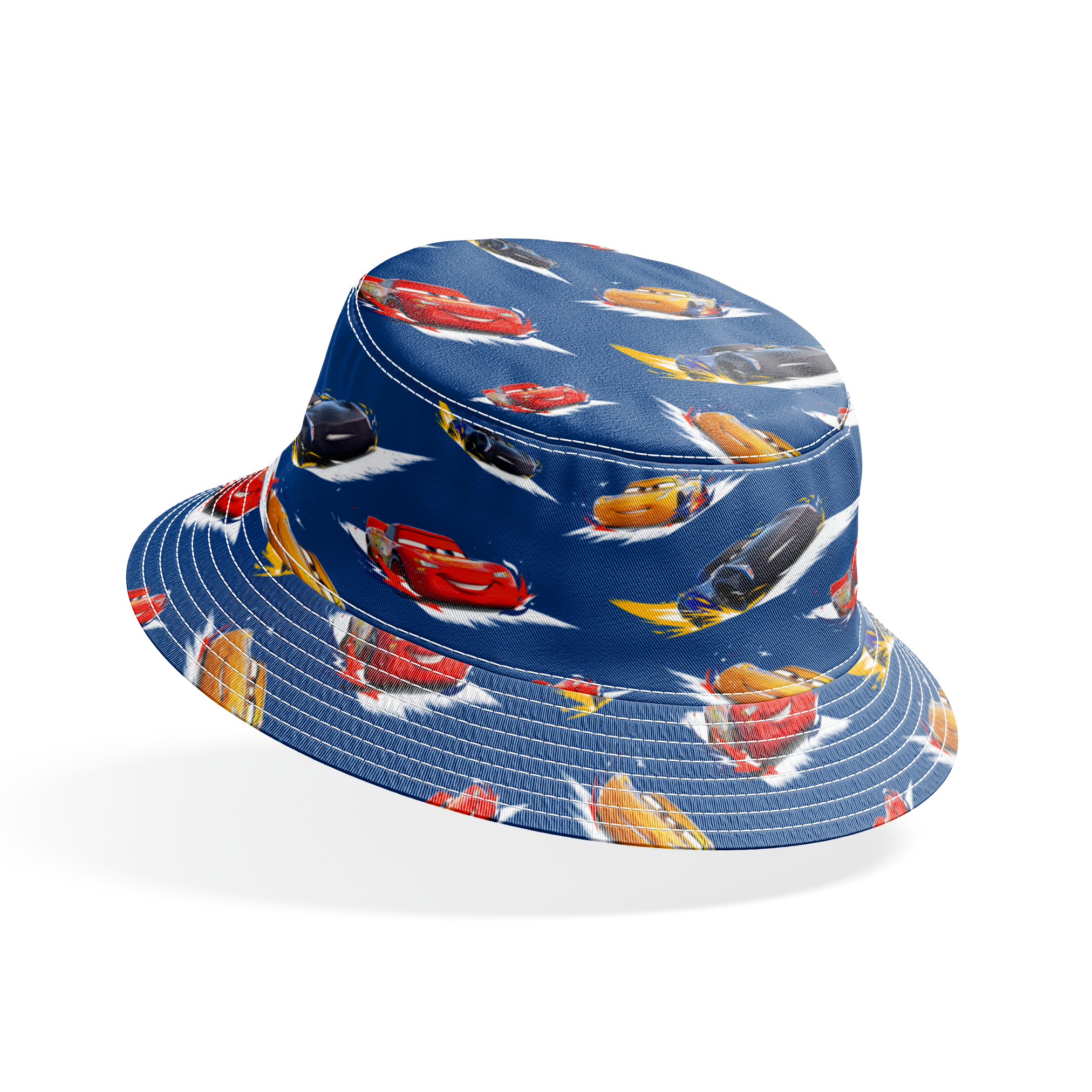 Animated race cars from Disney's Cars movie speeding across a blue background with white motion streaks bucket hat mockup