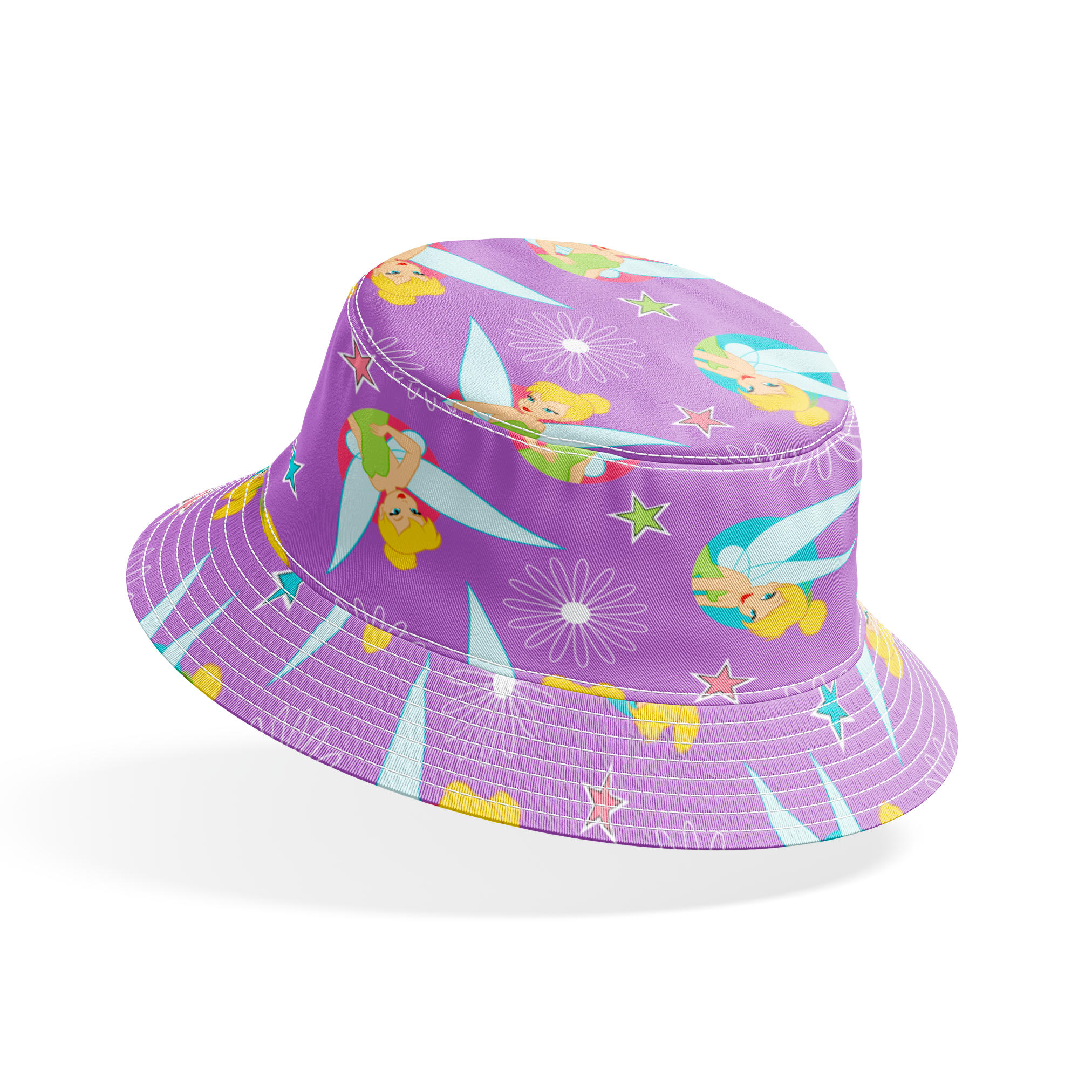 Tinker Bell on a purple background with white daisy flowers and colorful stars. bucket hat mockup