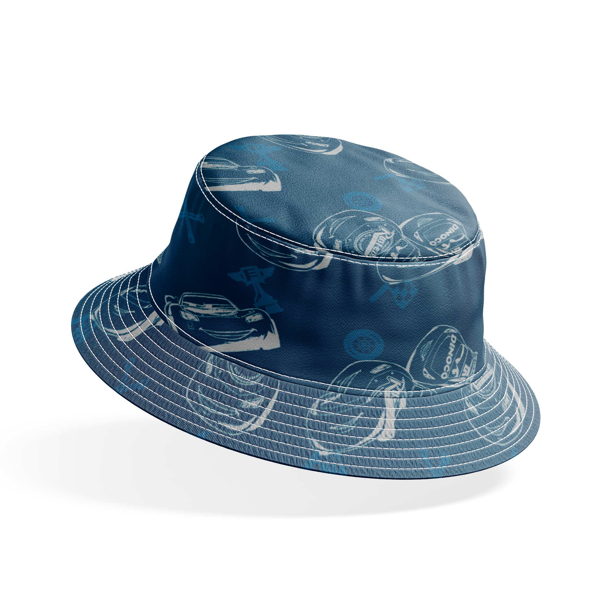 Race cars pattern on dark blue background with sketched vehicles and tire marks bucket hat mockup