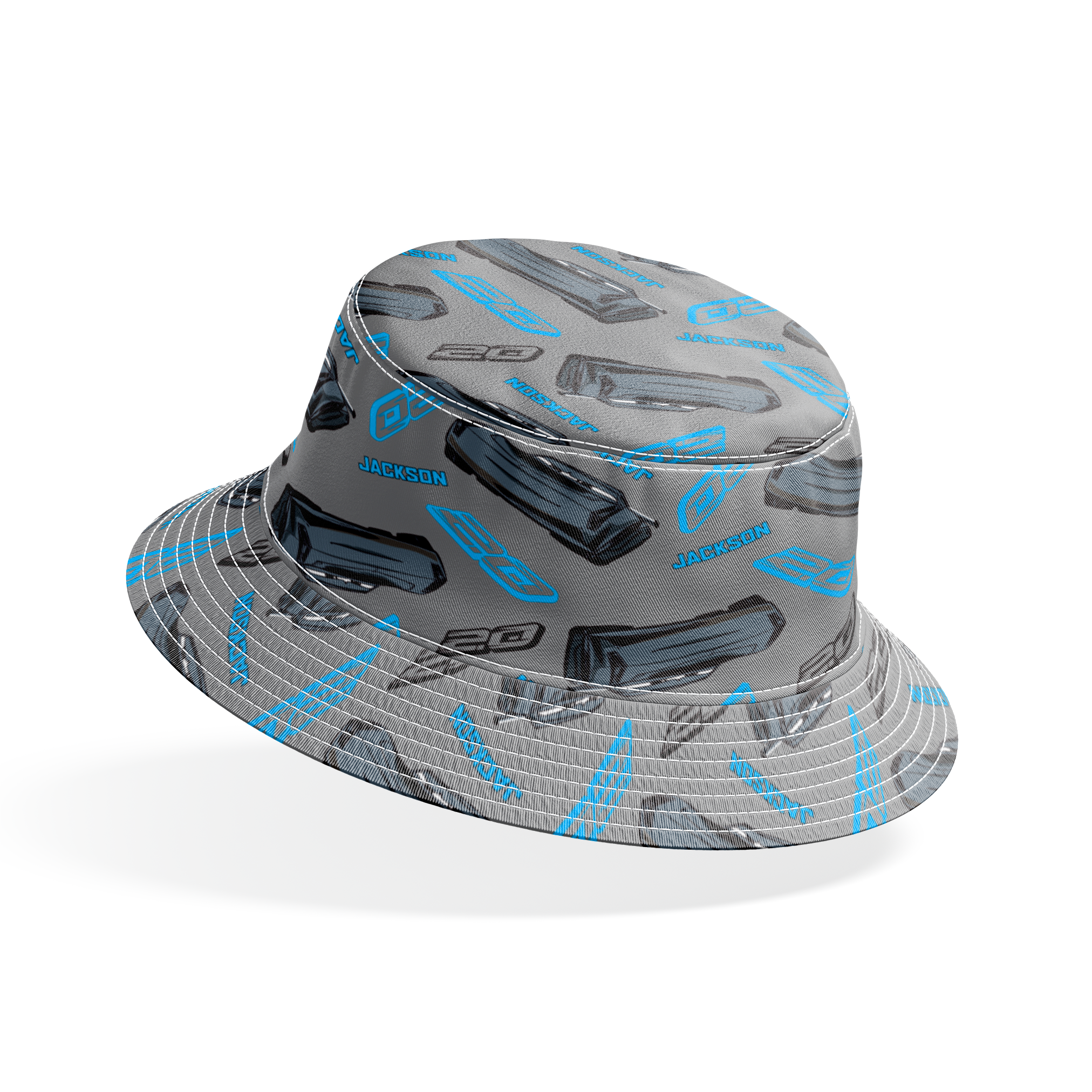 Dark gray background with scattered black car parts and blue "JACKSON" text and stylized logos in a repeating pattern bucket hat mockup