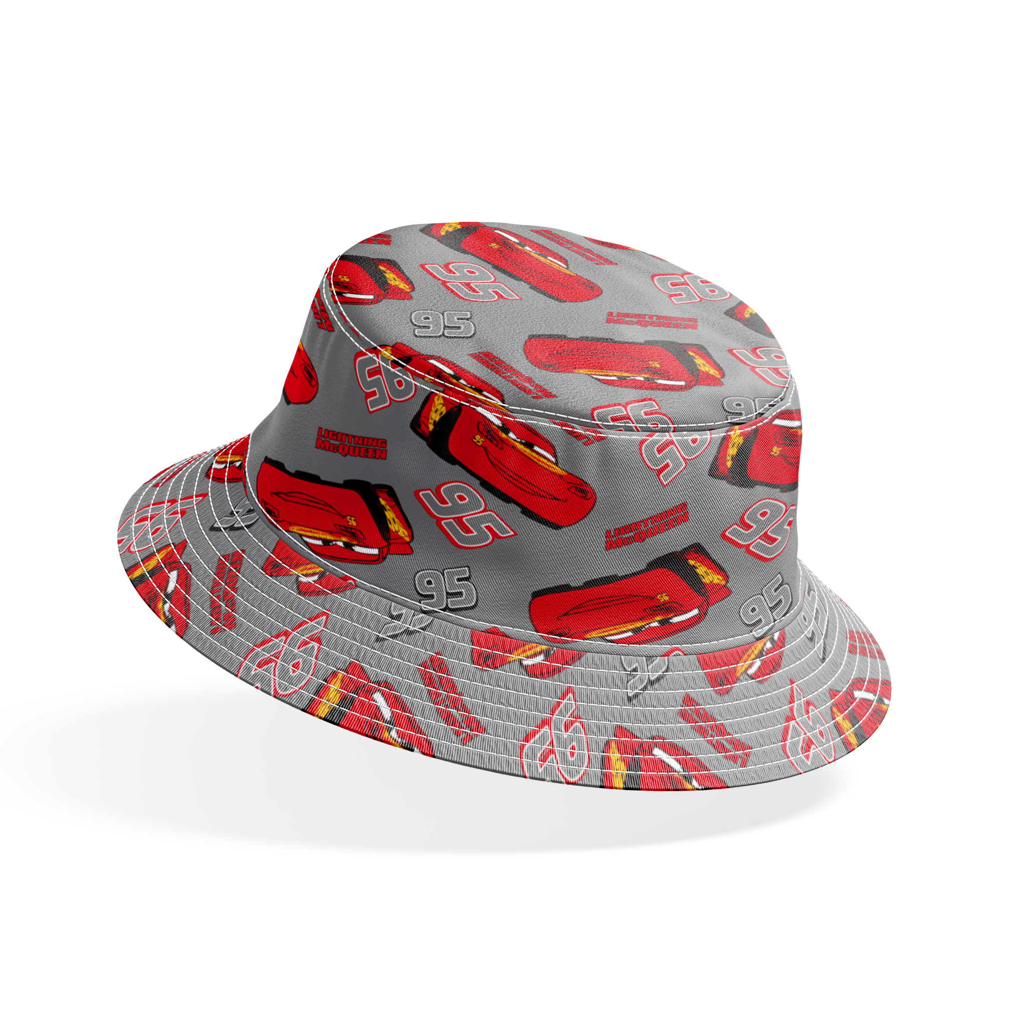 Lightning McQueen pattern with red race cars and number 95 on gray background bucket hat mockup