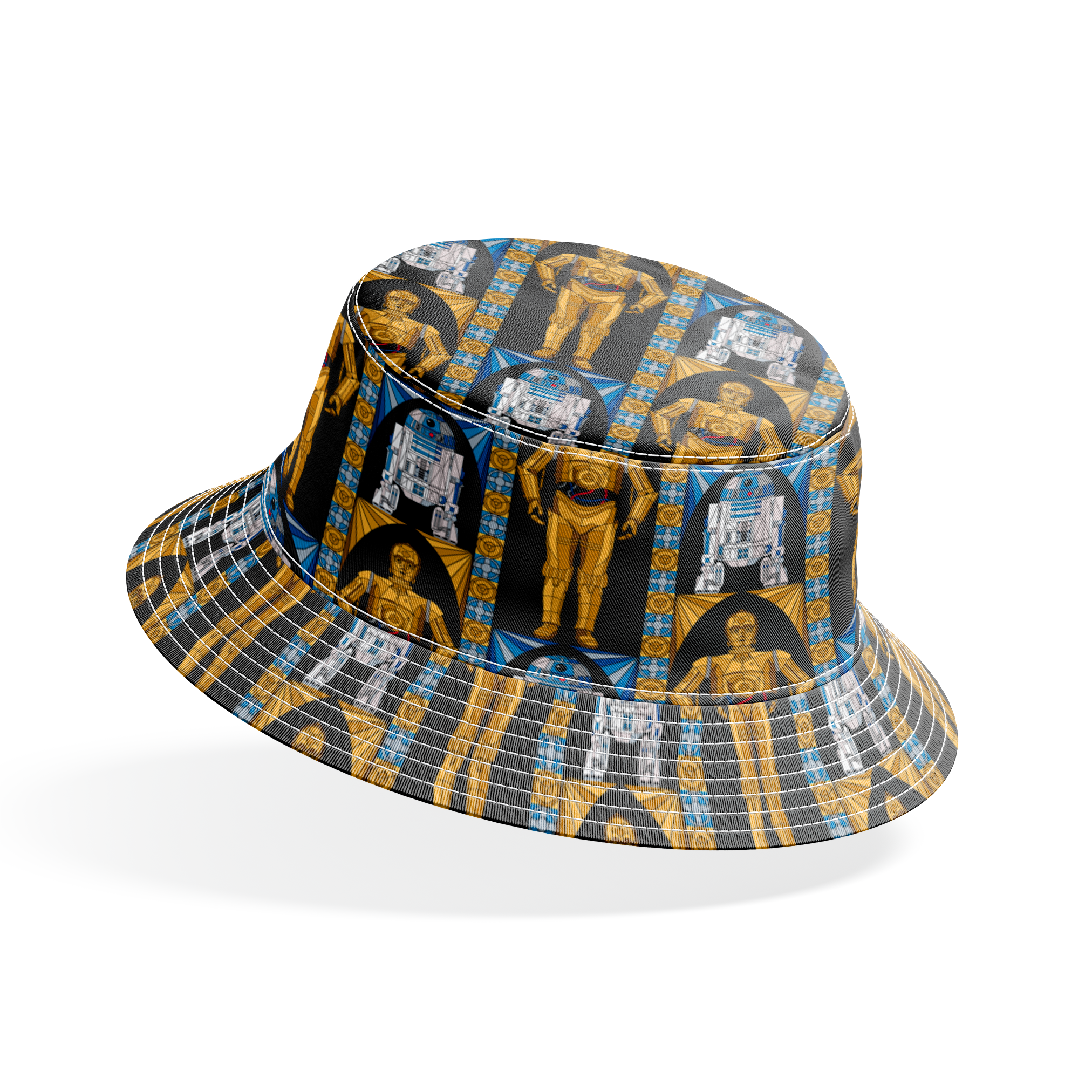 Repeating pattern of golden droid and blue-white astromech droid characters from Star Wars on black background with decorative borders bucket hat mockup
