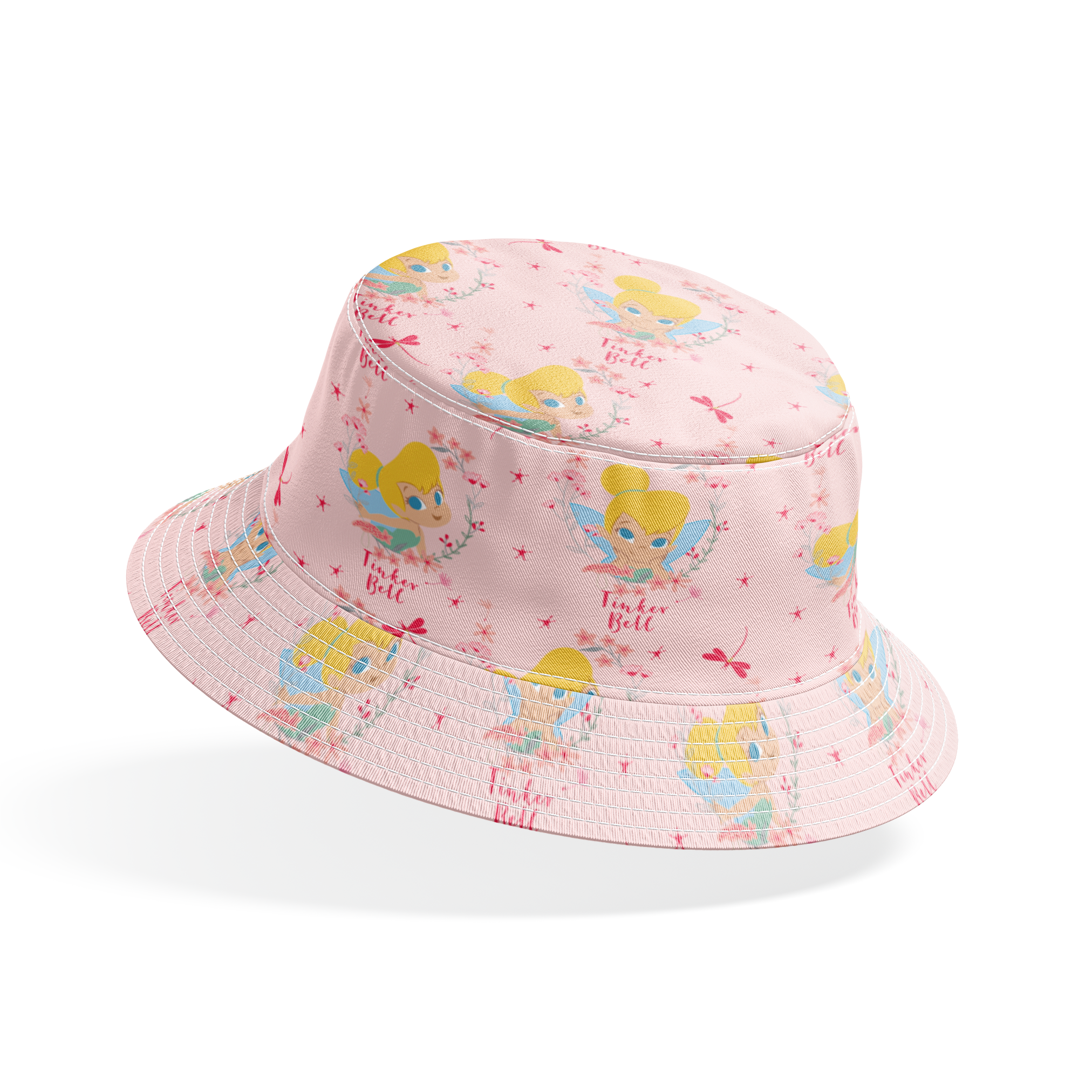 Pink background with Tinker Bell surrounded by flowers, stars, and dragonflies bucket hat mockup