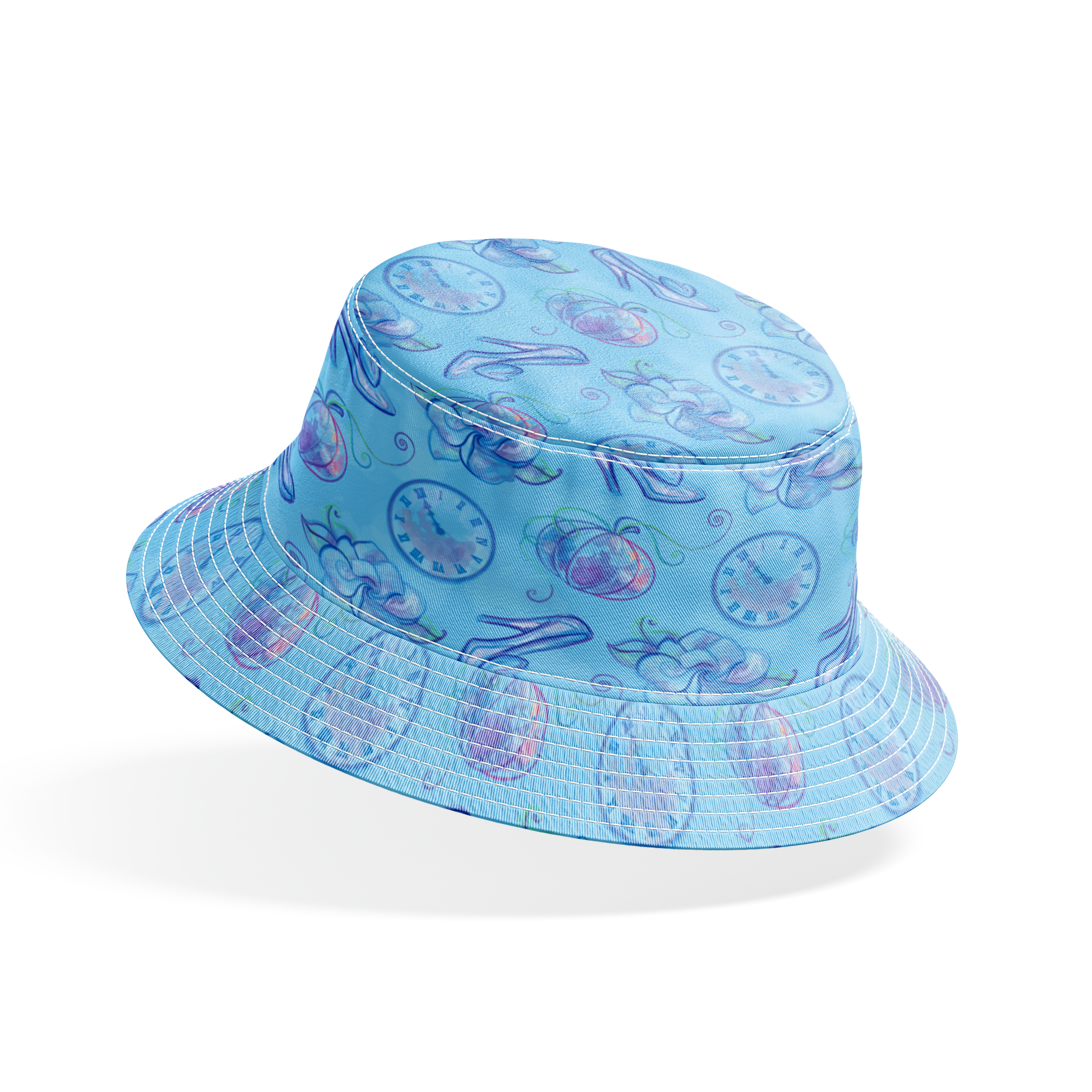 Whimsical Cinderella-themed pattern with glass slippers, pumpkins, clocks, and ribbons in soft blue and purple tones bucket hat mockup