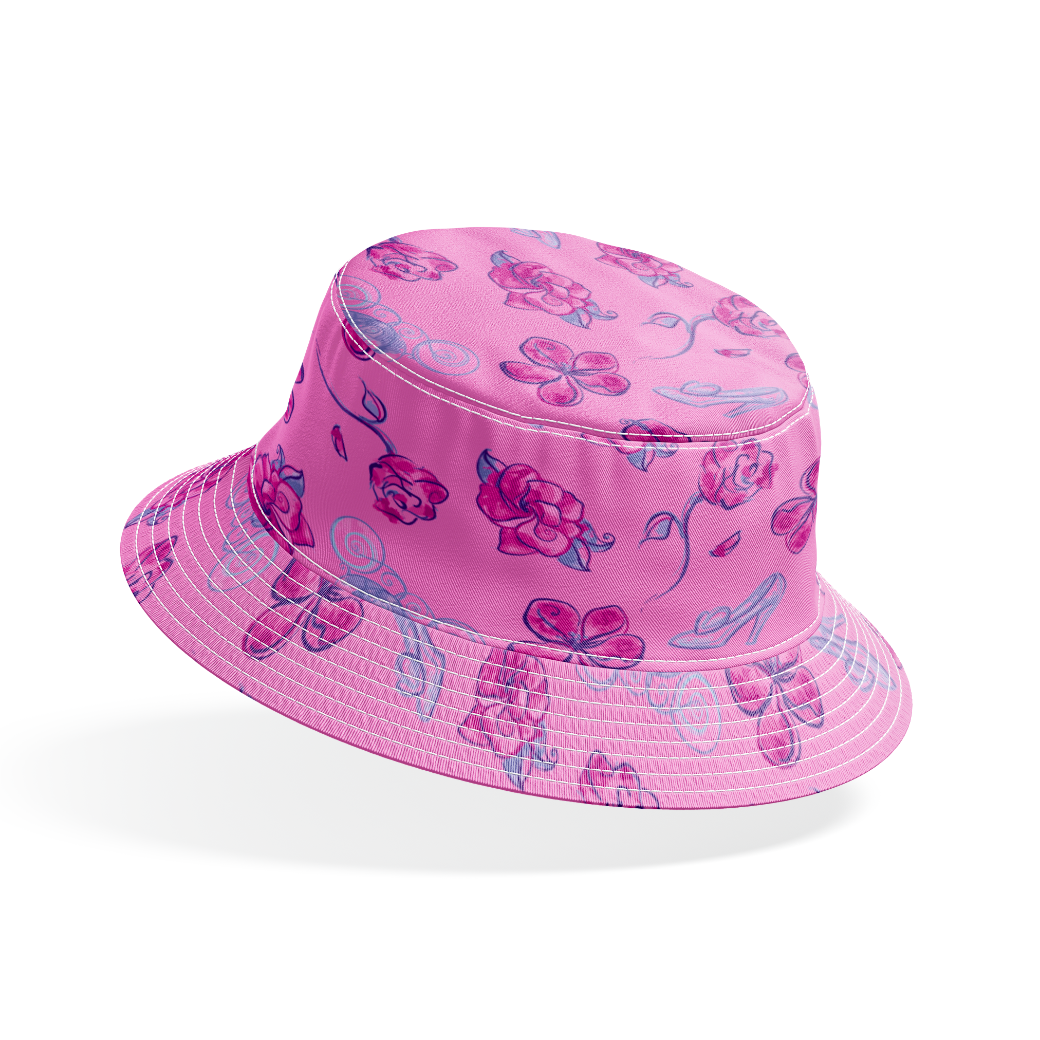 Whimsical Cinderella pattern of purple flowers, roses, and glass slipper outlines on pink background bucket hat mockup