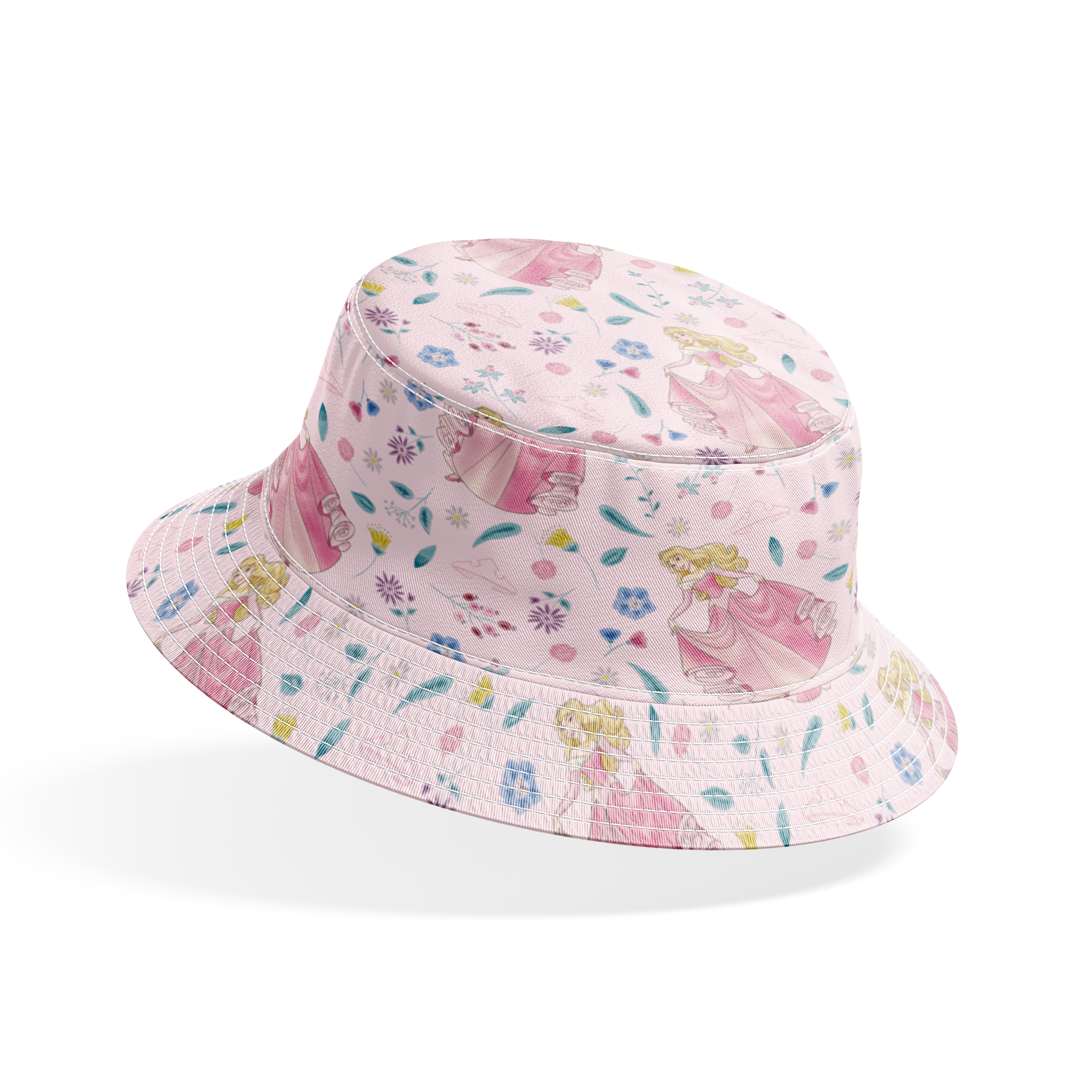 Disney's Sleeping Beauty surrounded by scattered flowers and leaves on light pink background bucket hat mockup