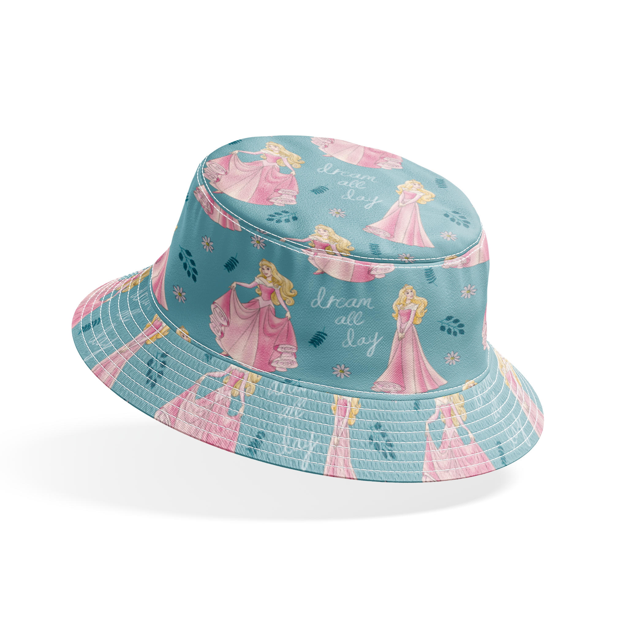Sleeping Beauty pattern with "dream all day" text on teal background with floral elements bucket hat mockup