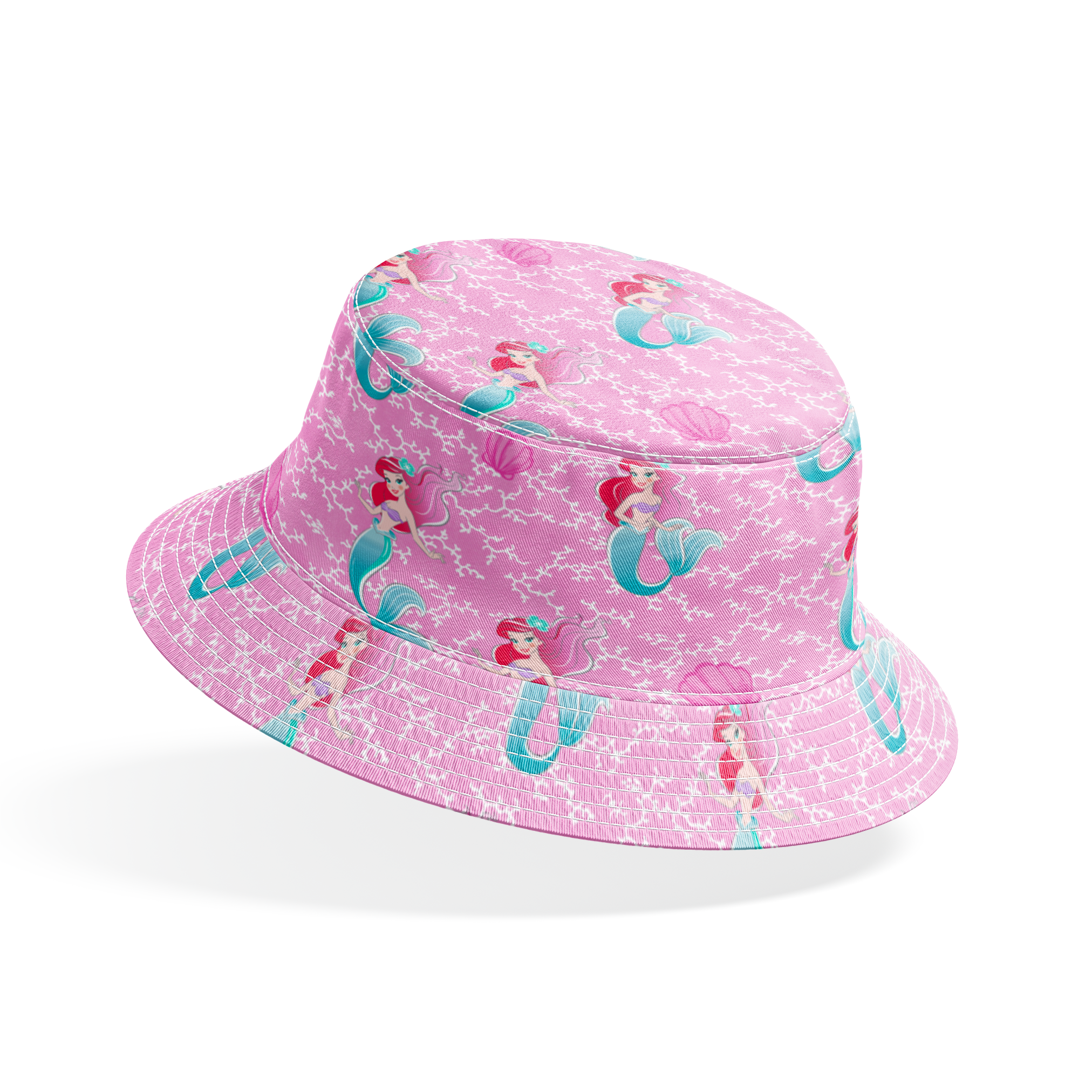 The Little Mermaid pattern with Ariel and purple seashells on pink background with white bubbles bucket hat mockup