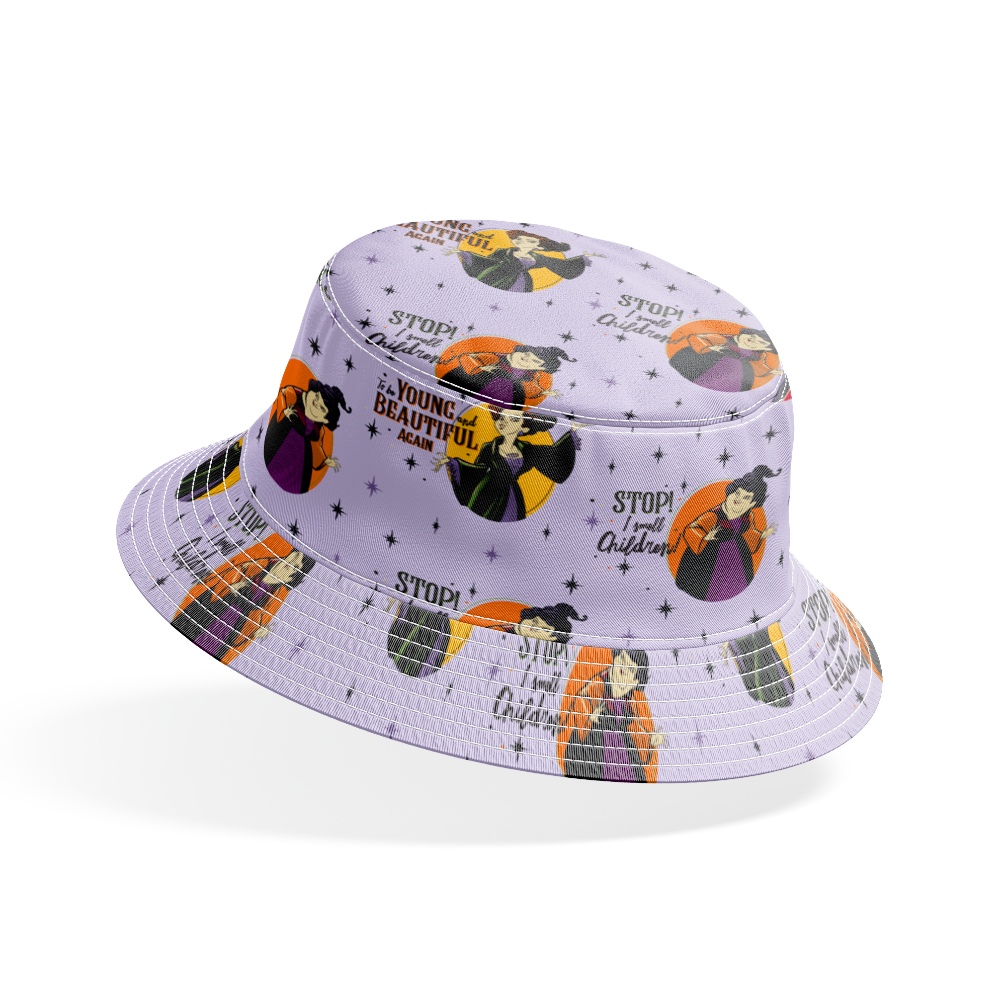 Disney villains pattern with circular portraits on purple starry background featuring animated characters and quote catchphrases bucket hat mockup