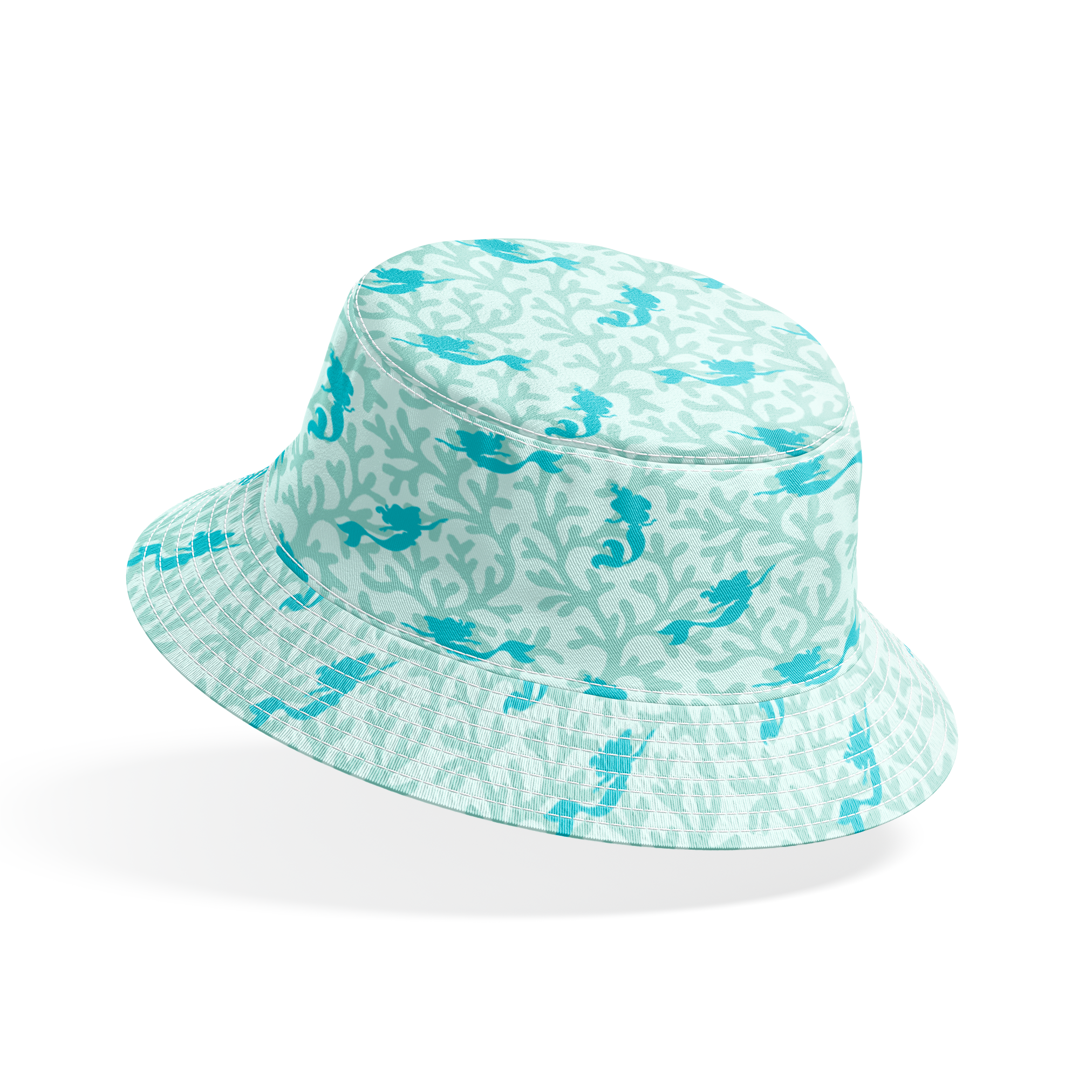 Abstract pattern with light mint green coral shapes and The Little Mermaid silhouettes bucket hat mockup