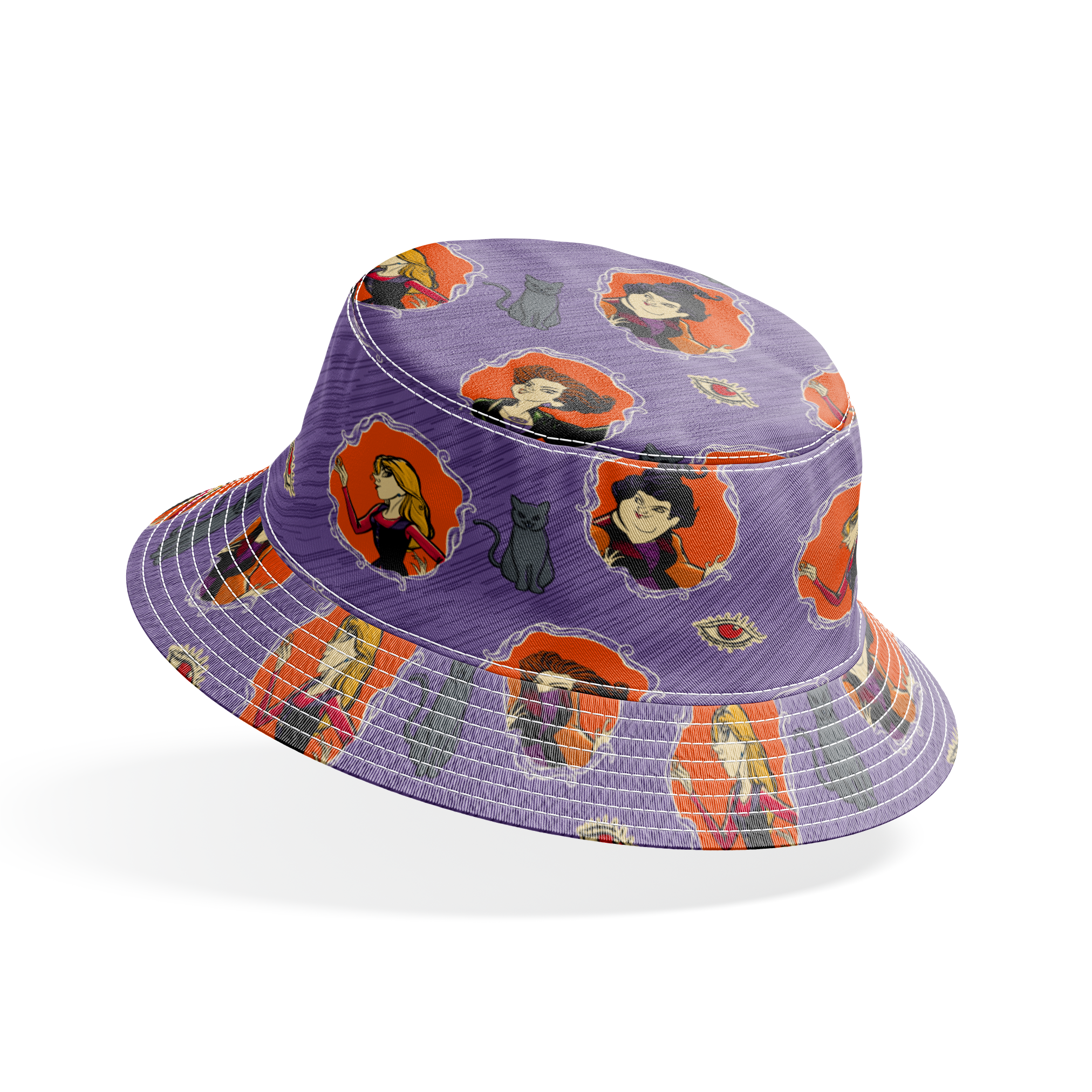 Purple background pattern with illustrated cartoon characters, black cats, and eye symbols in orange circular frames bucket hat mockup