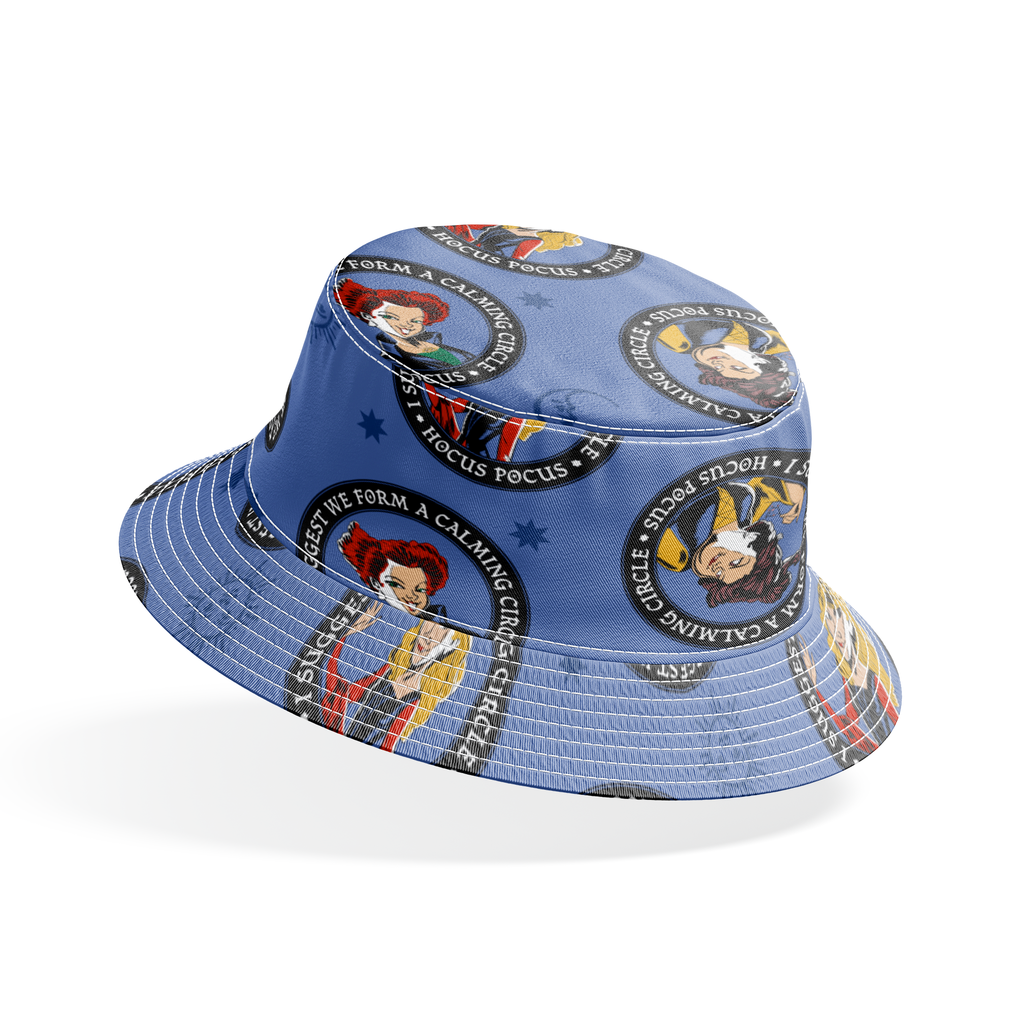 Cartoon witches in circular emblems with "Hocus Pocus" text on blue background with stars bucket hat mockup