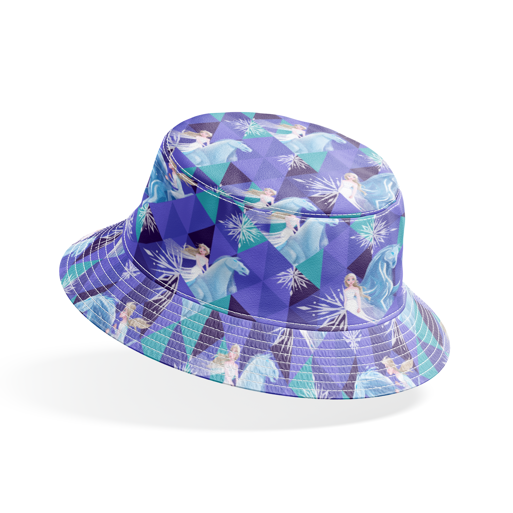 Disney's Frozen pattern with Elsa on horses against purple geometric background with snowflakes bucket hat mockup