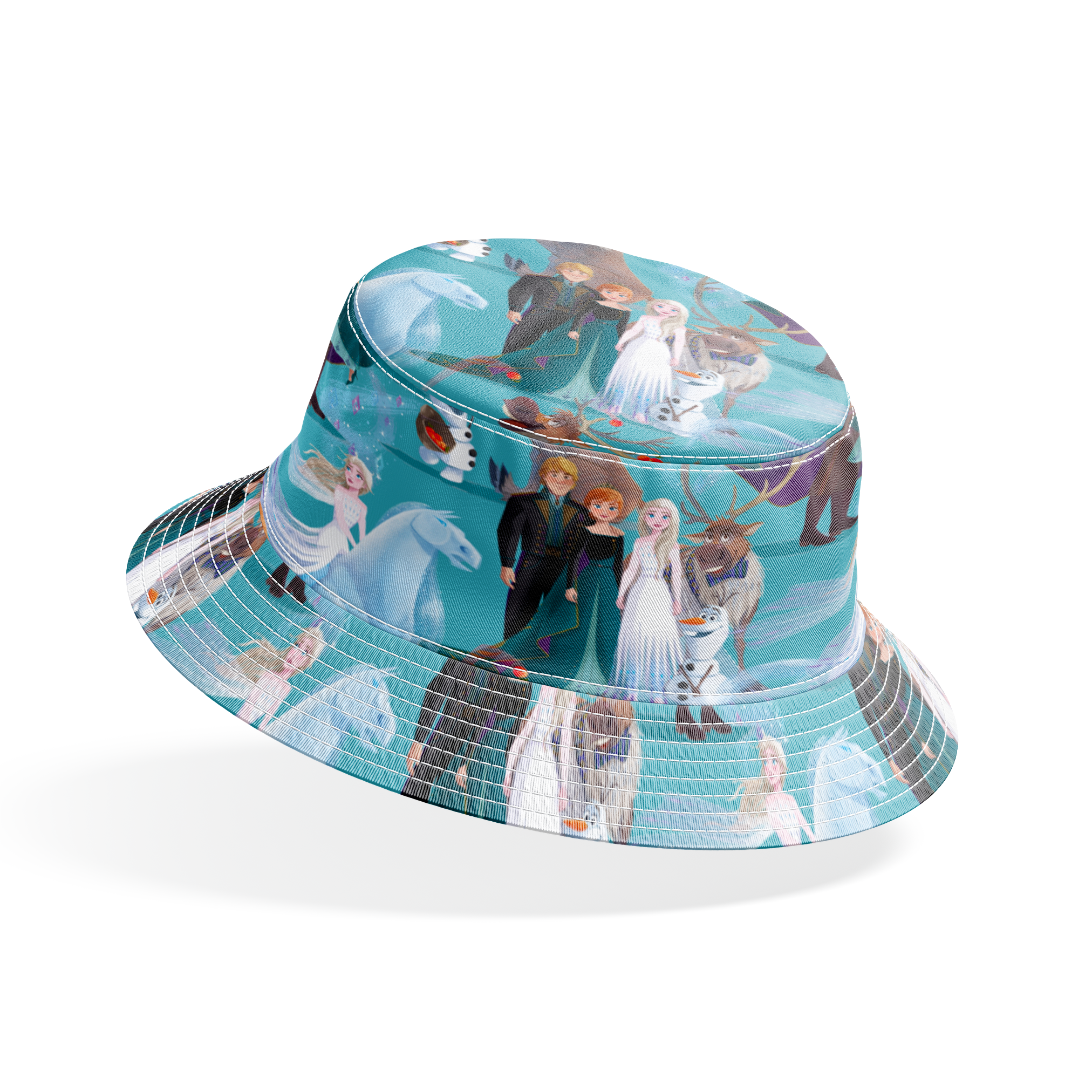 Characters from Frozen movie including Elsa, Olaf, Sven and others on turquoise background bucket hat mockup
