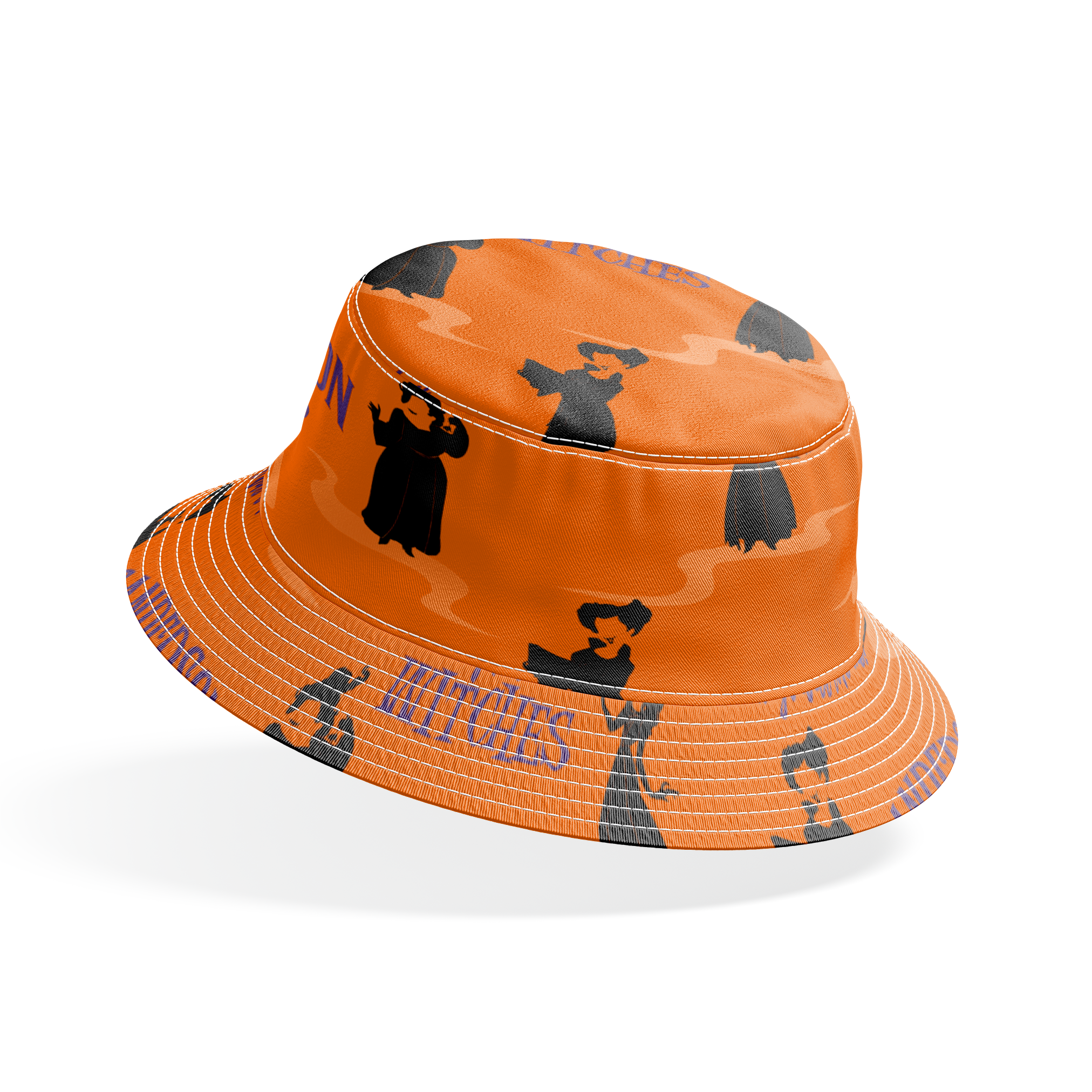 Orange background with silhouettes of witches in black robes and text "Sanderson Sisters" and "Salem's" in blue lettering bucket hat mockup