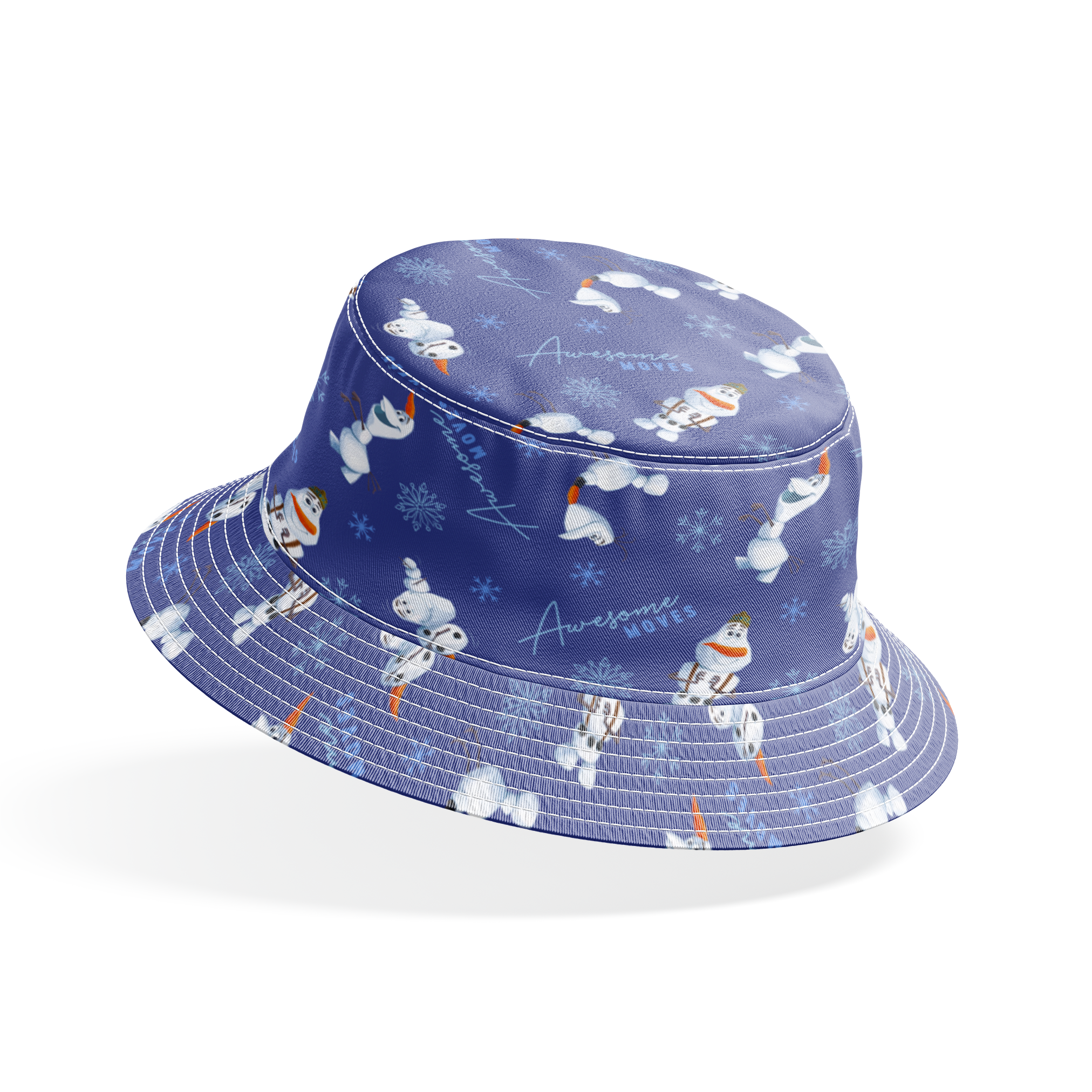 Playful Olaf the snowman pattern with snowflakes on purple background showing various poses bucket hat mockup