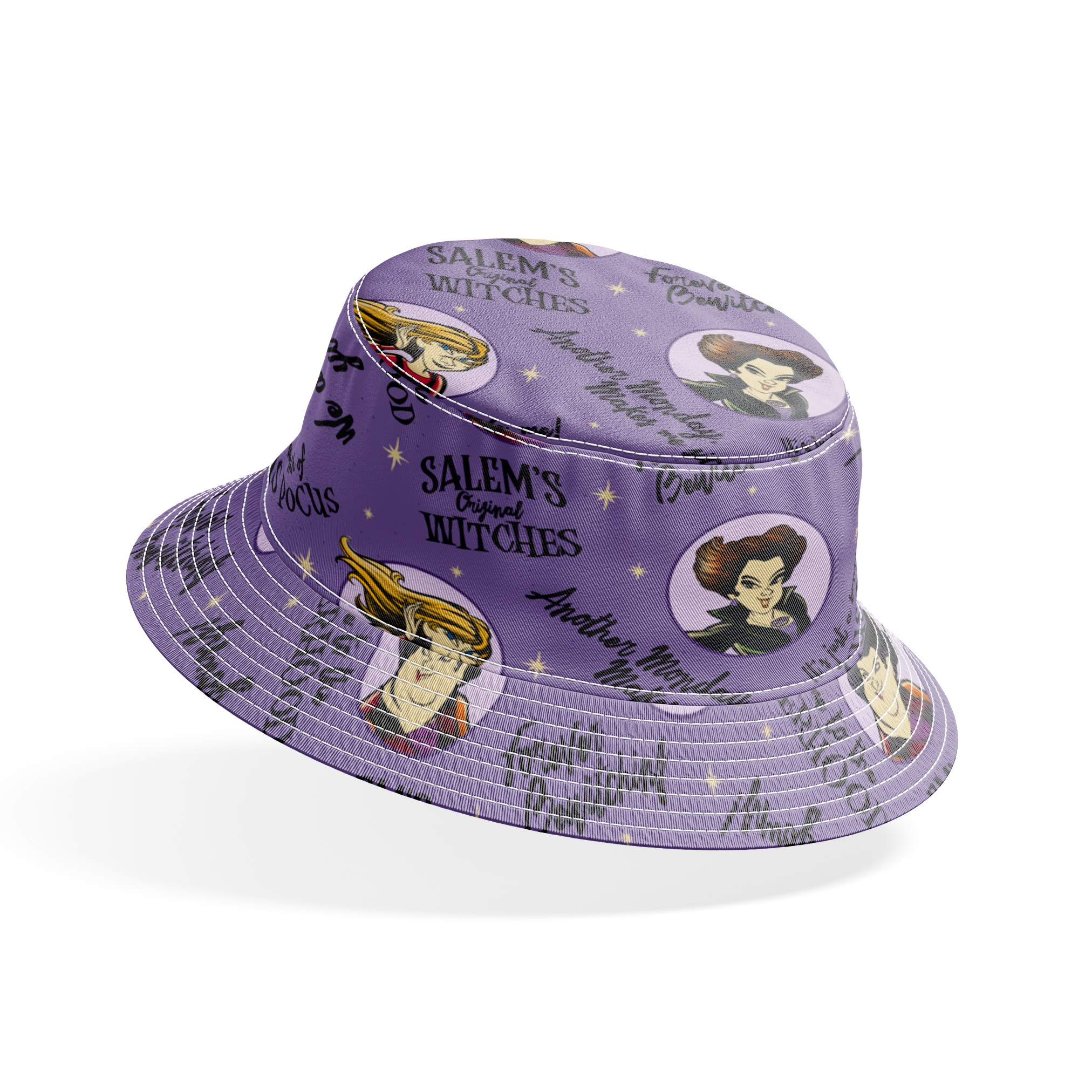 Purple background pattern with cartoon witches in circles, magical phrases and stars scattered throughout in black text bucket hat mockup