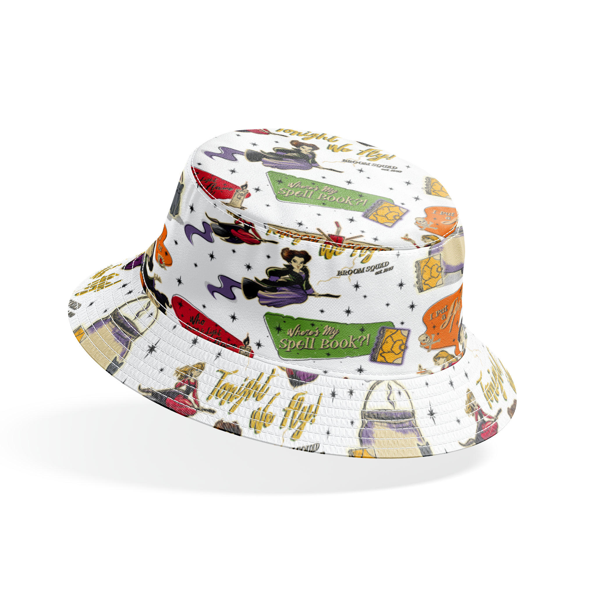 Halloween witch-themed pattern with spell books, cauldrons, brooms, stars, cats, potions and magical sayings on white background bucket hat mockup
