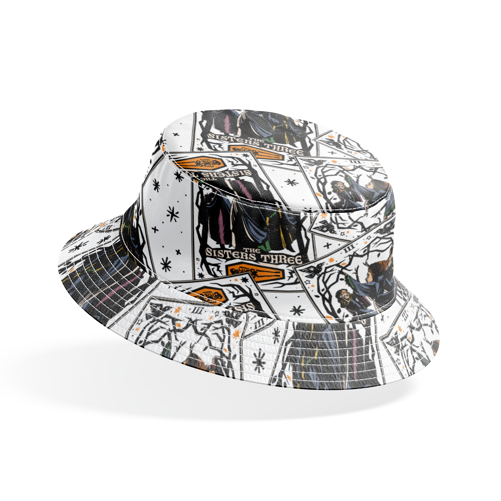 Scattered Hocus Pocus cards showing robed figures against white background with stars bucket hat mockup