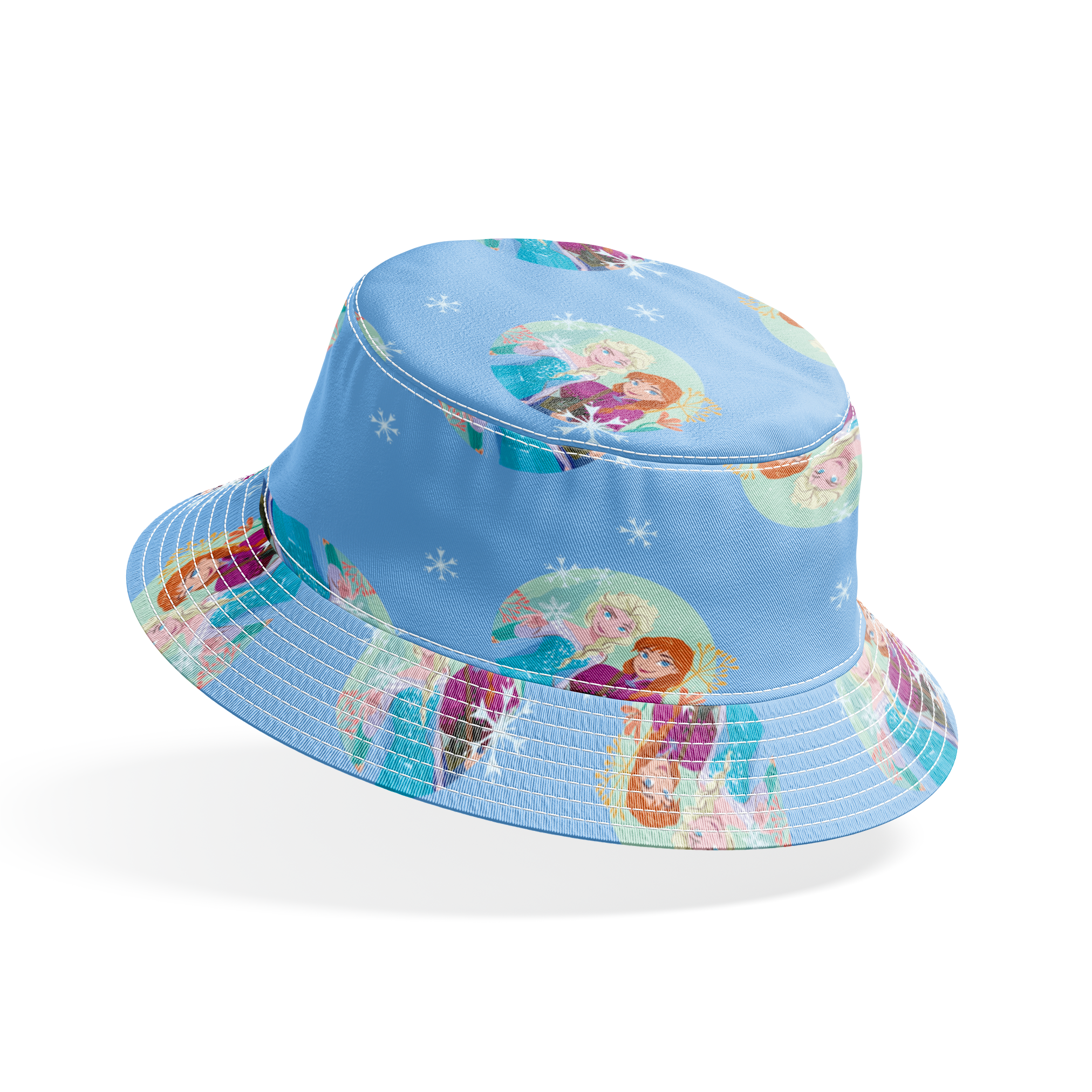 Light blue background with repeating circular motifs of "Frozen" characters and snowflakes in a decorative pattern bucket hat mockup