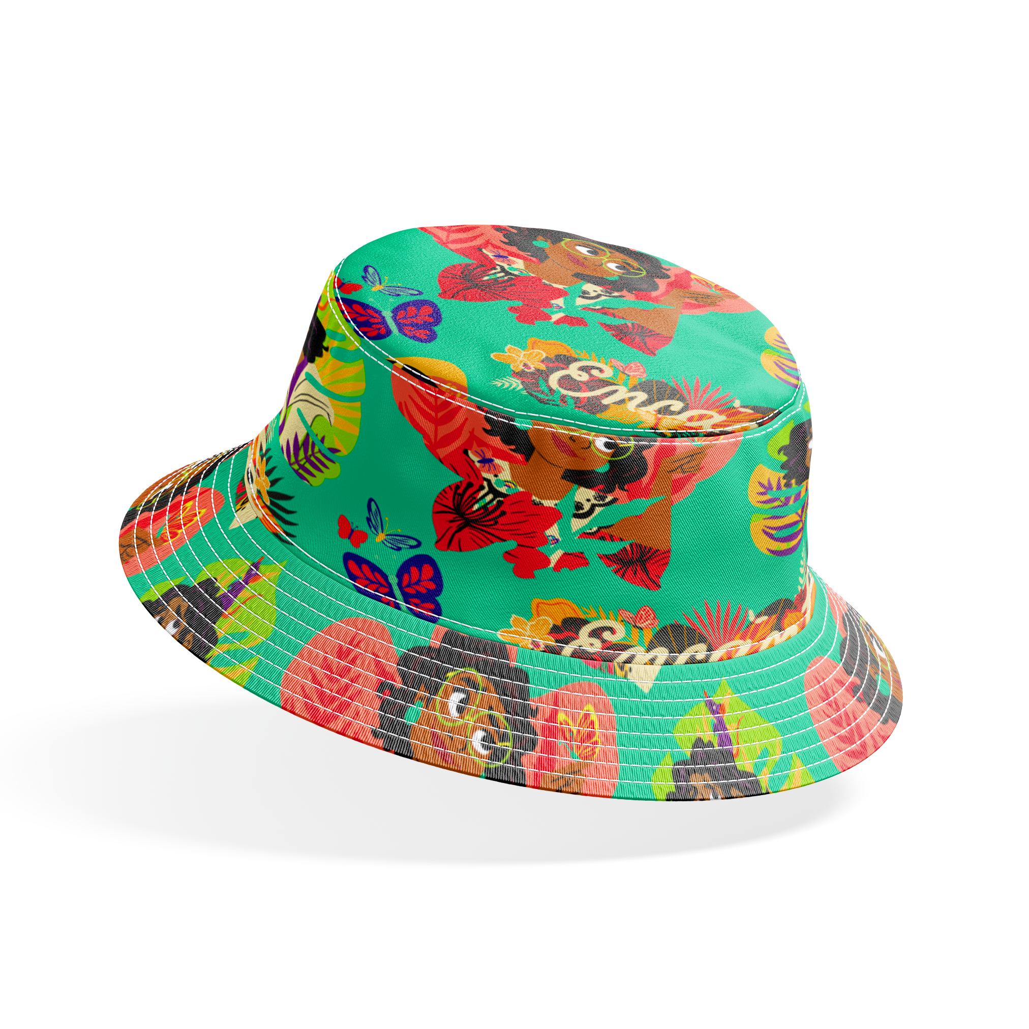 Colorful illustration with characters, butterflies, and tropical leaves on turquoise background with "Encanto" text bucket hat mockup