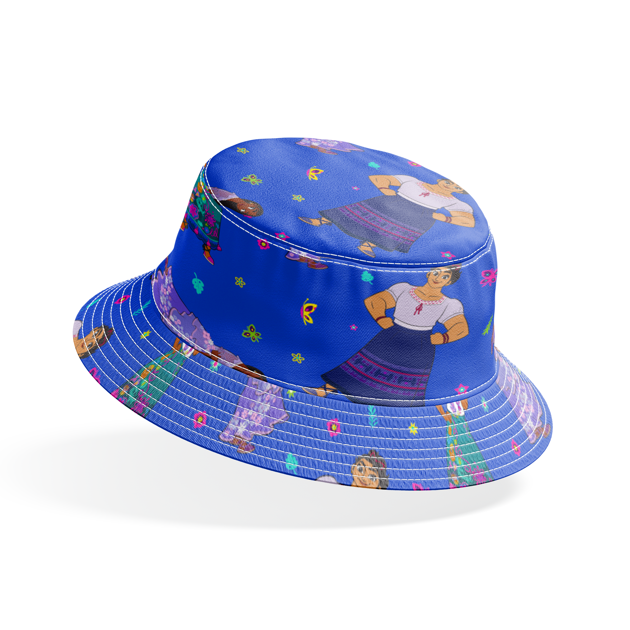 Colorful cartoon figures in traditional clothing floating on vibrant blue background with butterflies and flowers bucket hat mockup