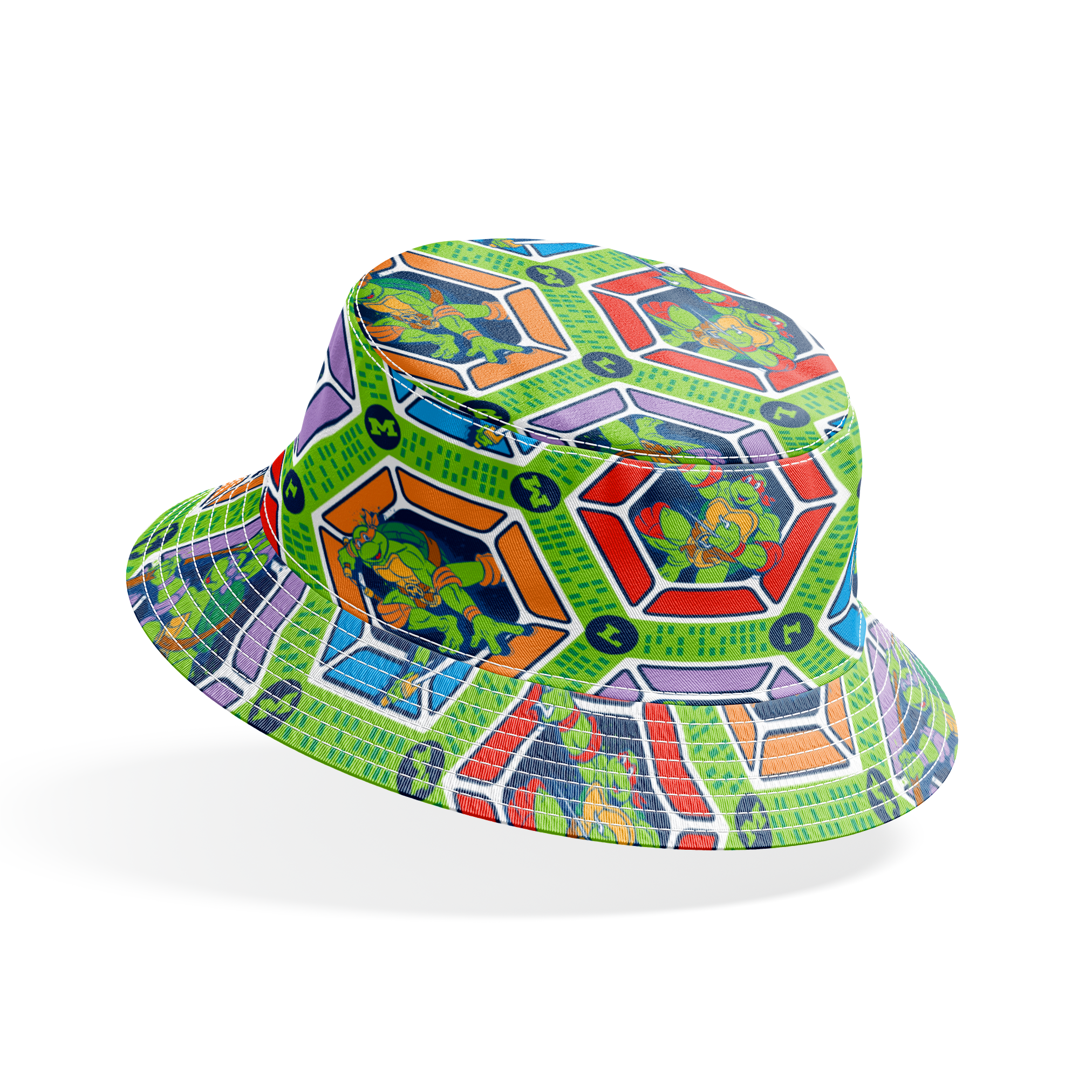 Colorful hexagonal pattern with Teenage Mutant Ninja Turtles and green text strips on blue background bucket hat mockup