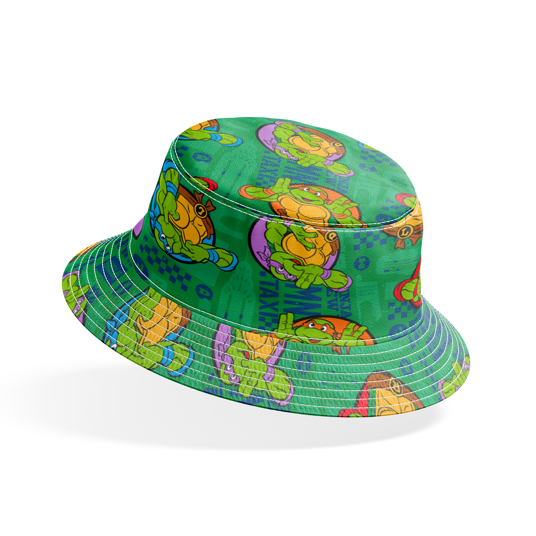 Teenage Mutant Ninja Turtles cartoon characters on green patterned background bucket hat mockup