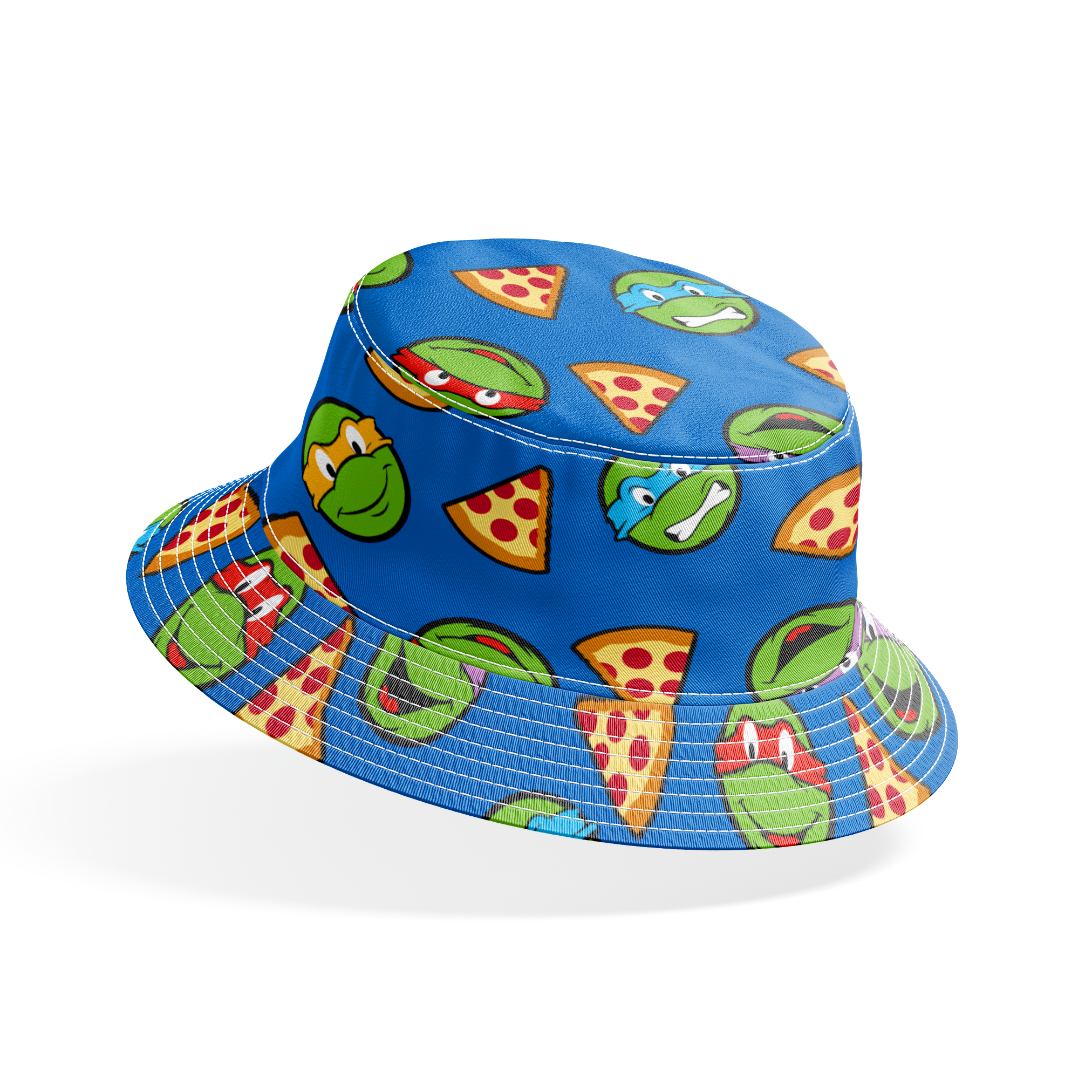 Teenage Mutant Ninja Turtle faces with colored masks and pizza slices pattern on blue background bucket hat mockup