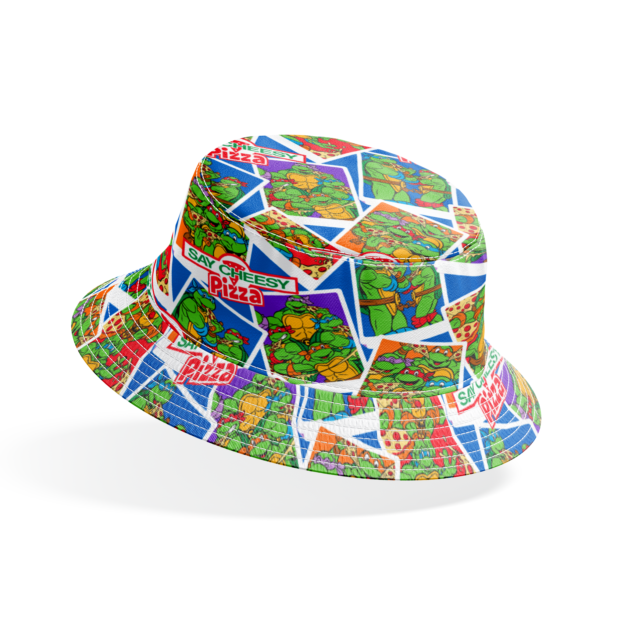 Colorful collage of Teenage Mutant Ninja Turtles cartoon characters with "Say Cheesy Pizza" text on vibrant background bucket hat mockup