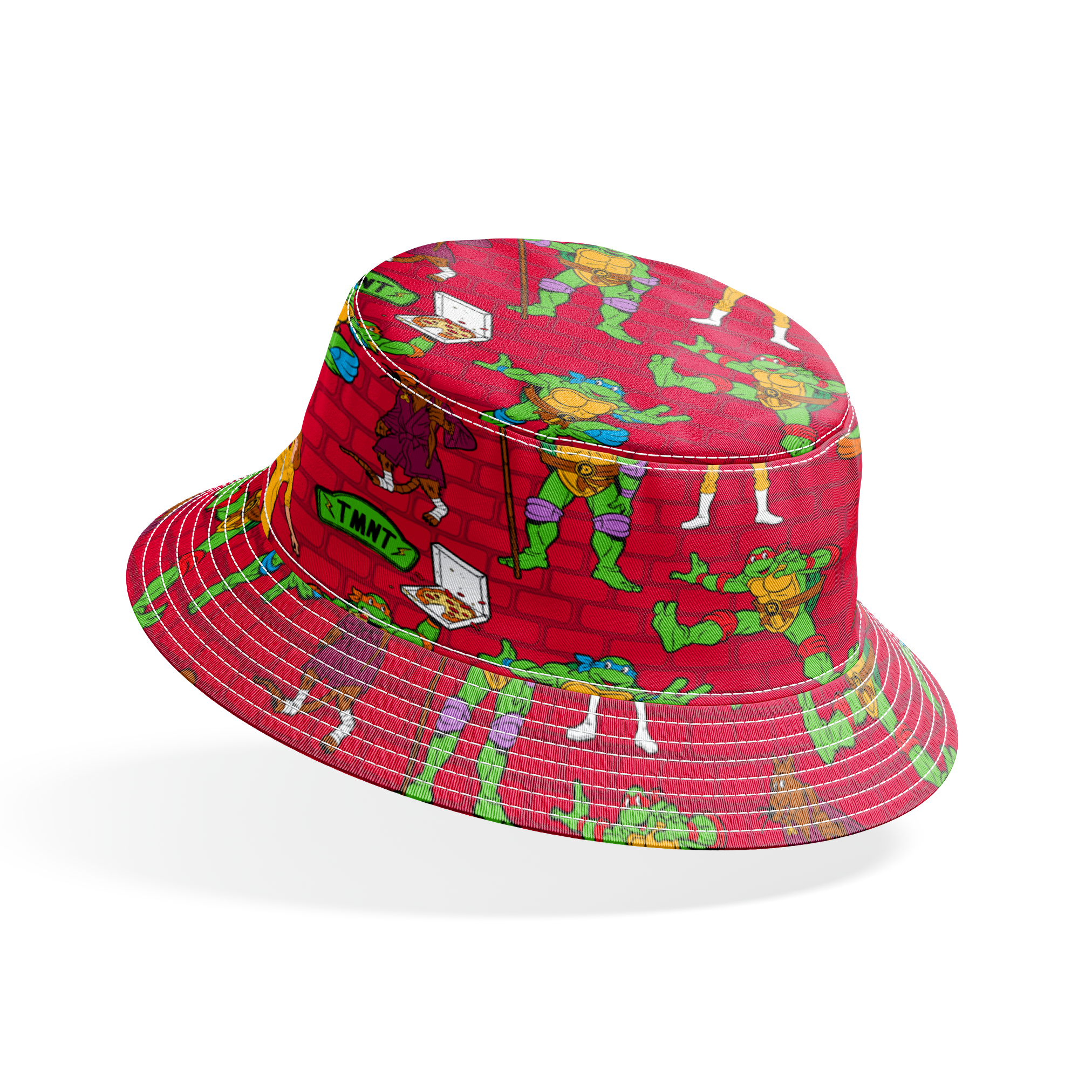 Teenage Mutant Ninja Turtles pattern on red background with green turtle characters in action poses bucket hat mockup