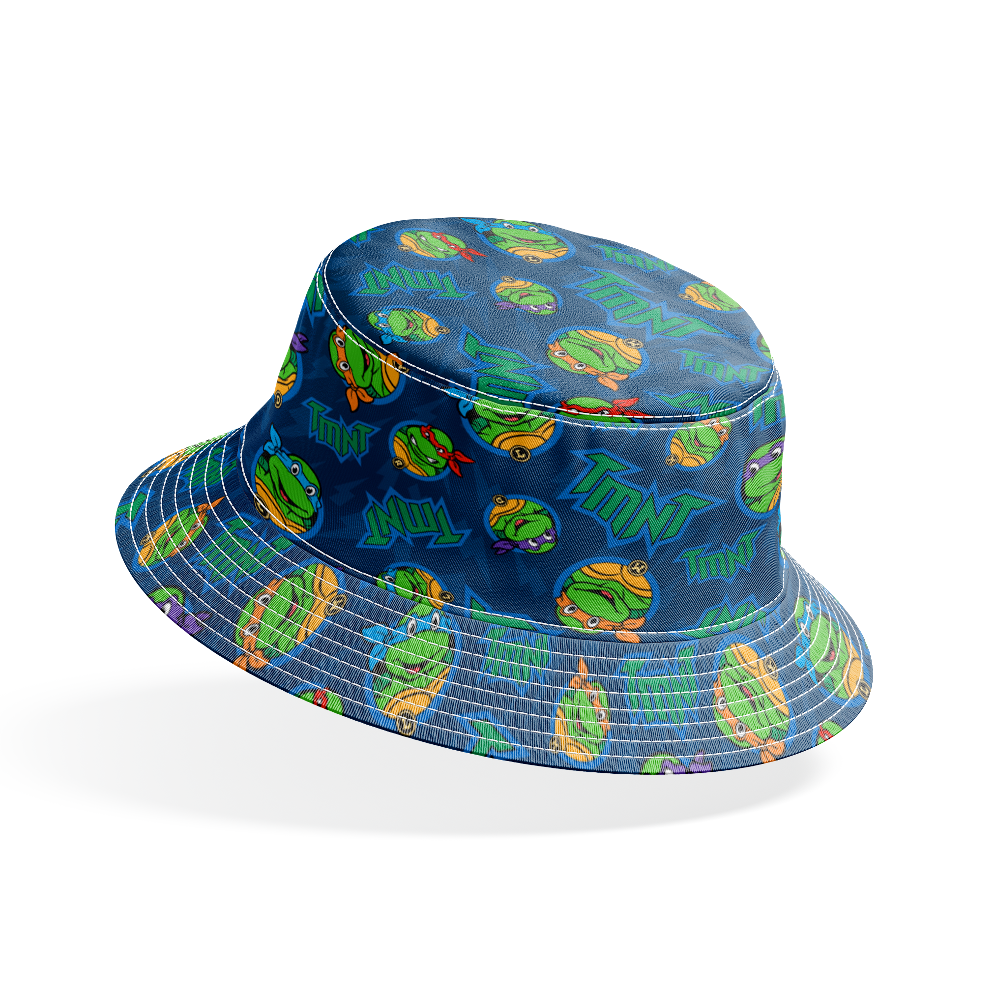 Teenage Mutant Ninja Turtles pattern with character heads and TMNT logos on blue background bucket hat mockup
