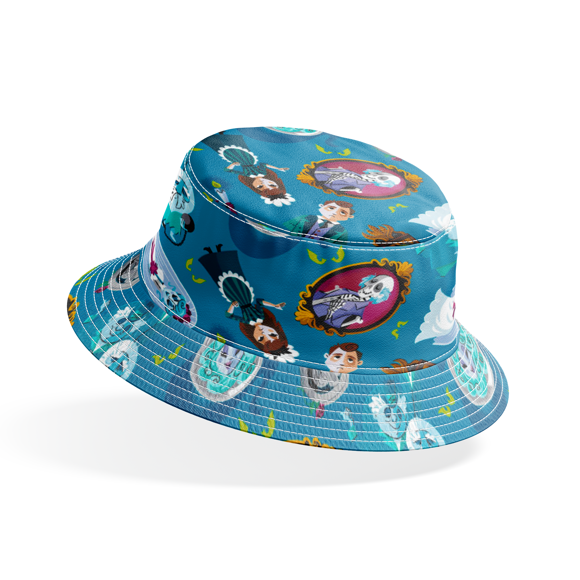 Haunted Mansion themed pattern with cartoon ghosts, portraits, coffins, and spooky elements on teal background bucket hat mockup