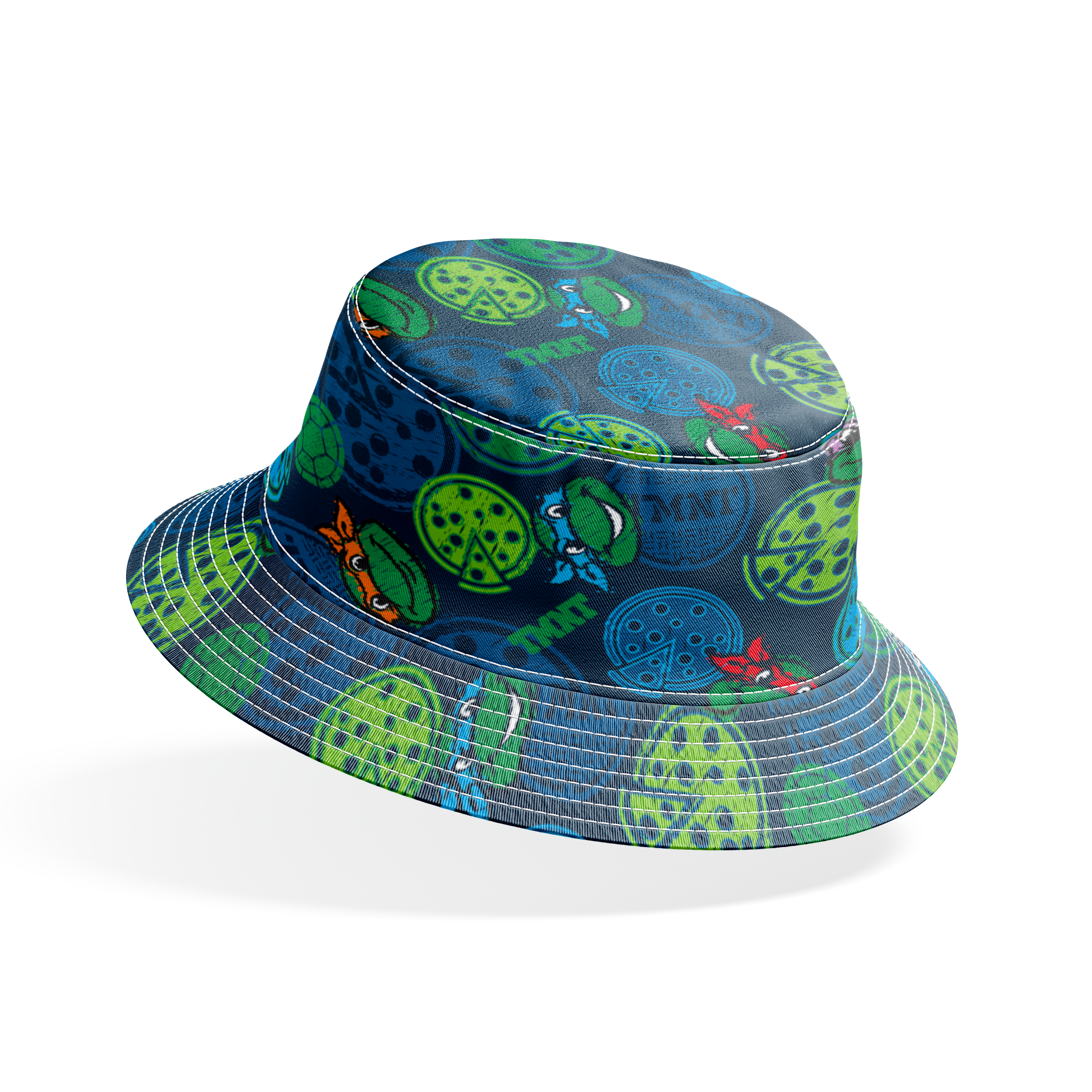Teenage Mutant Ninja Turtles pattern with cartoon character heads and green/blue pizza circles bucket hat mockup
