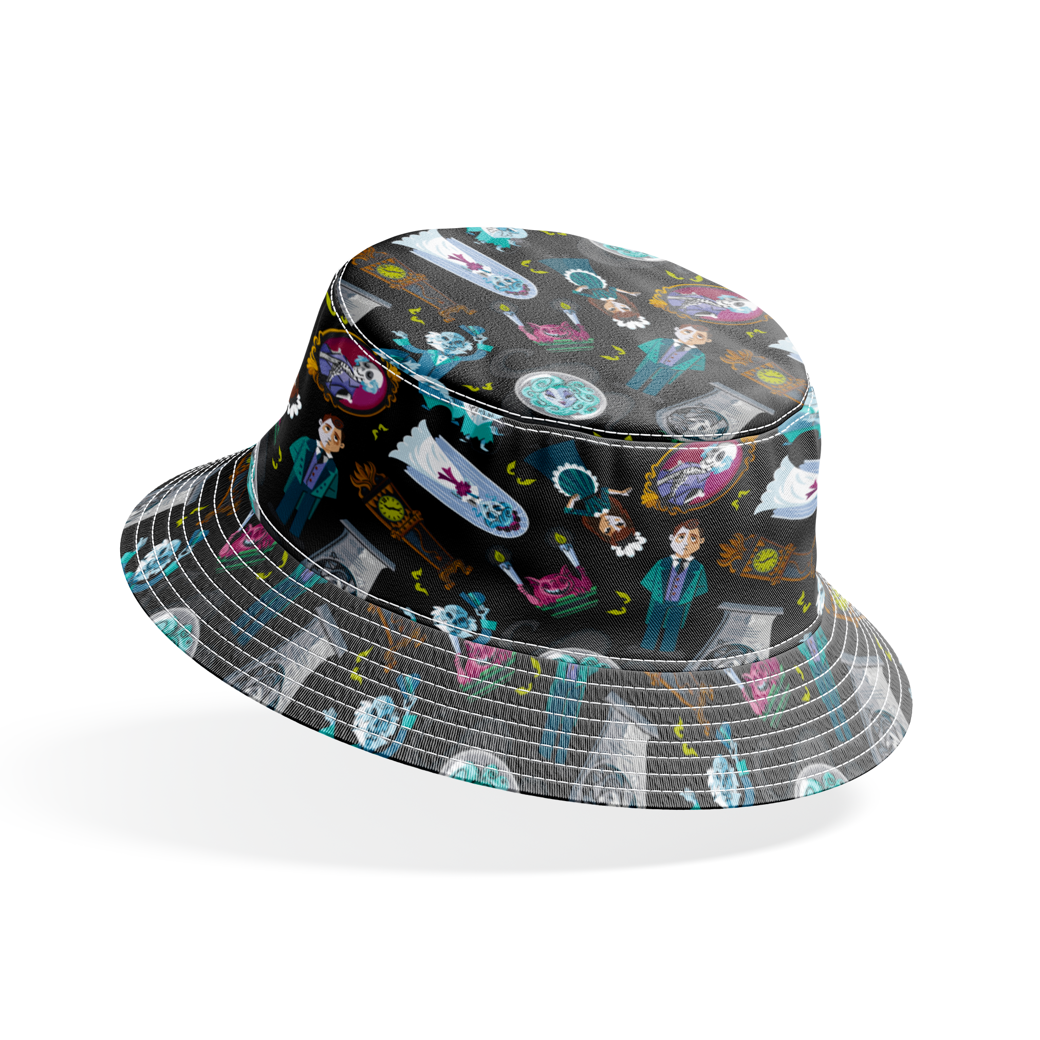 Haunted Mansion themed pattern with cartoon ghosts, characters, coffins, and spooky elements on black background bucket hat mockup