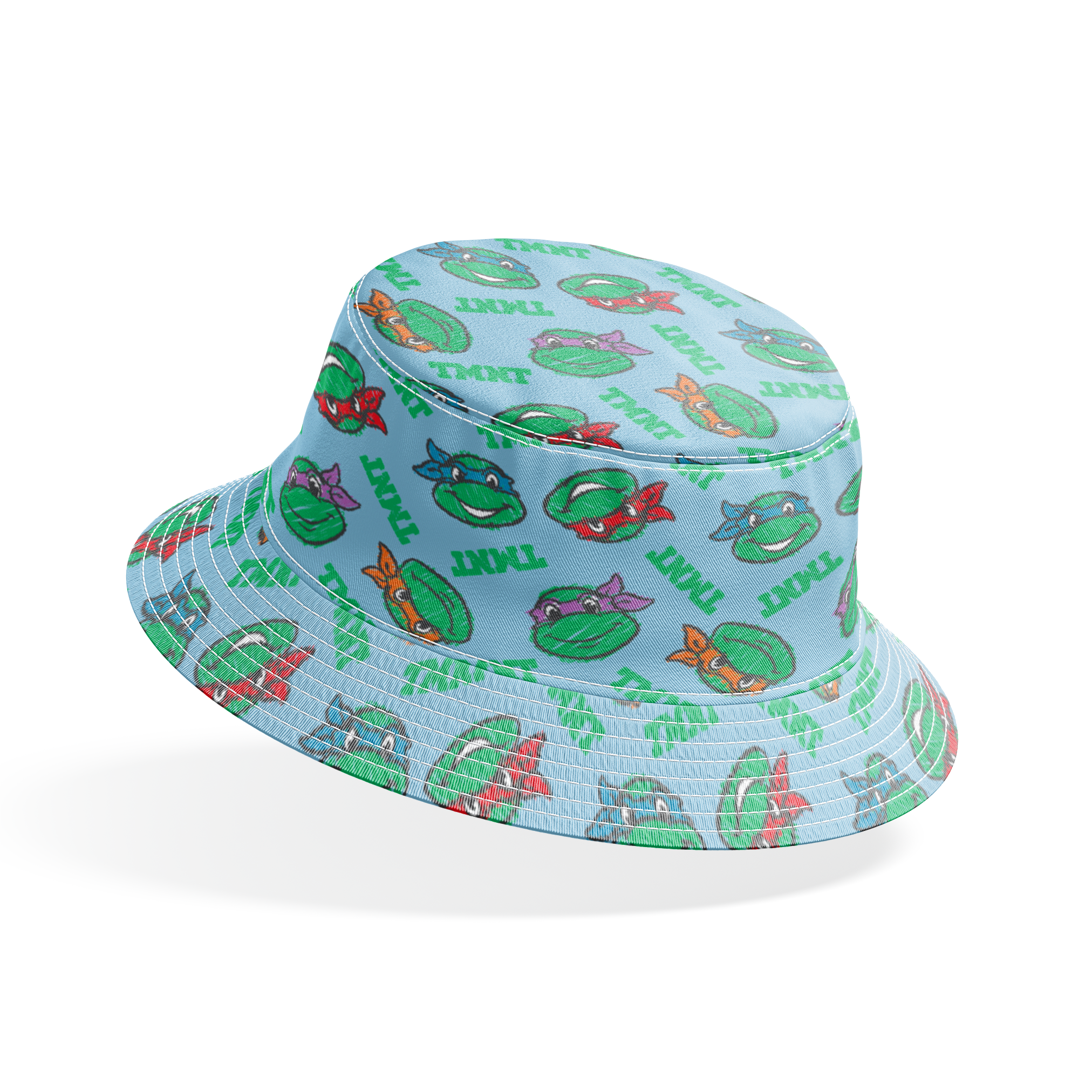 Cartoon pattern of Teenage Mutant Ninja Turtles faces with colored masks on light blue background bucket hat mockup