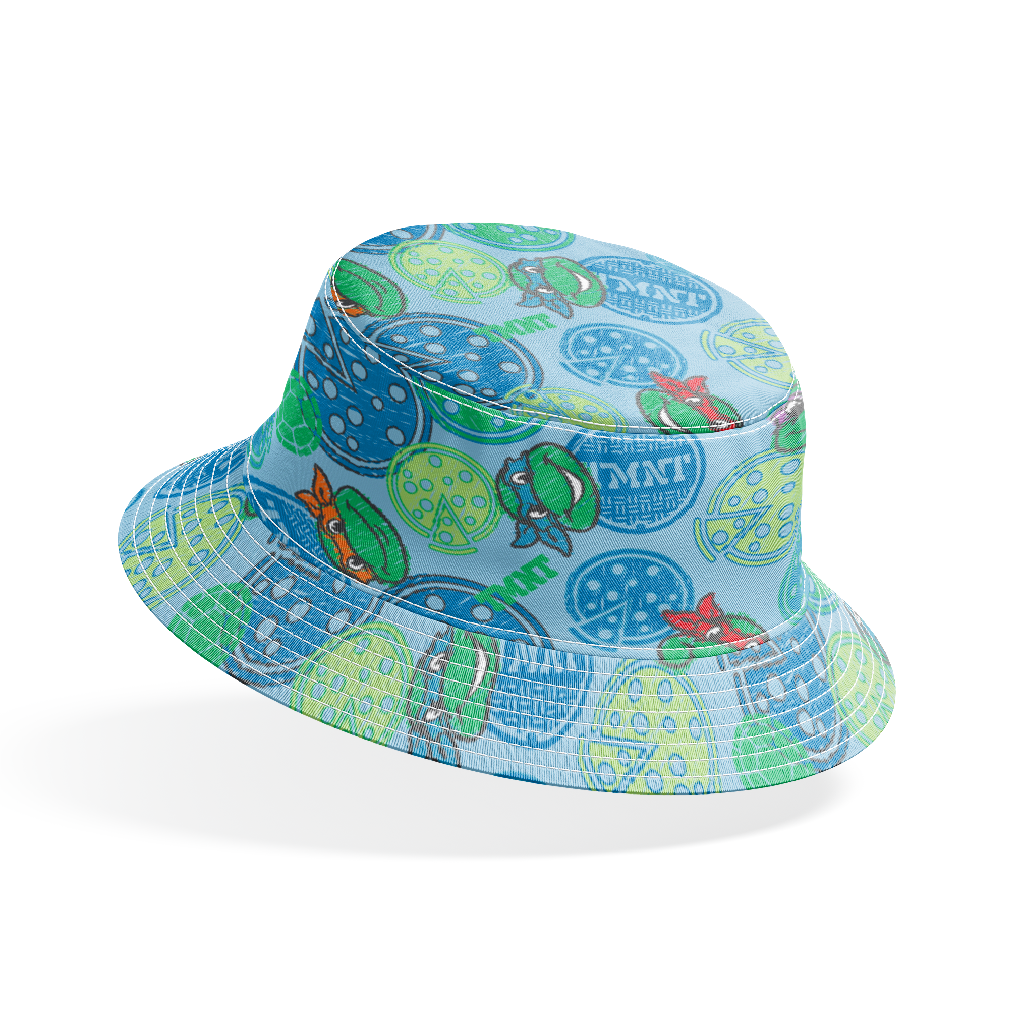 Cartoon Ninja Turtles pattern with colorful circular designs on light blue background bucket hat mockup