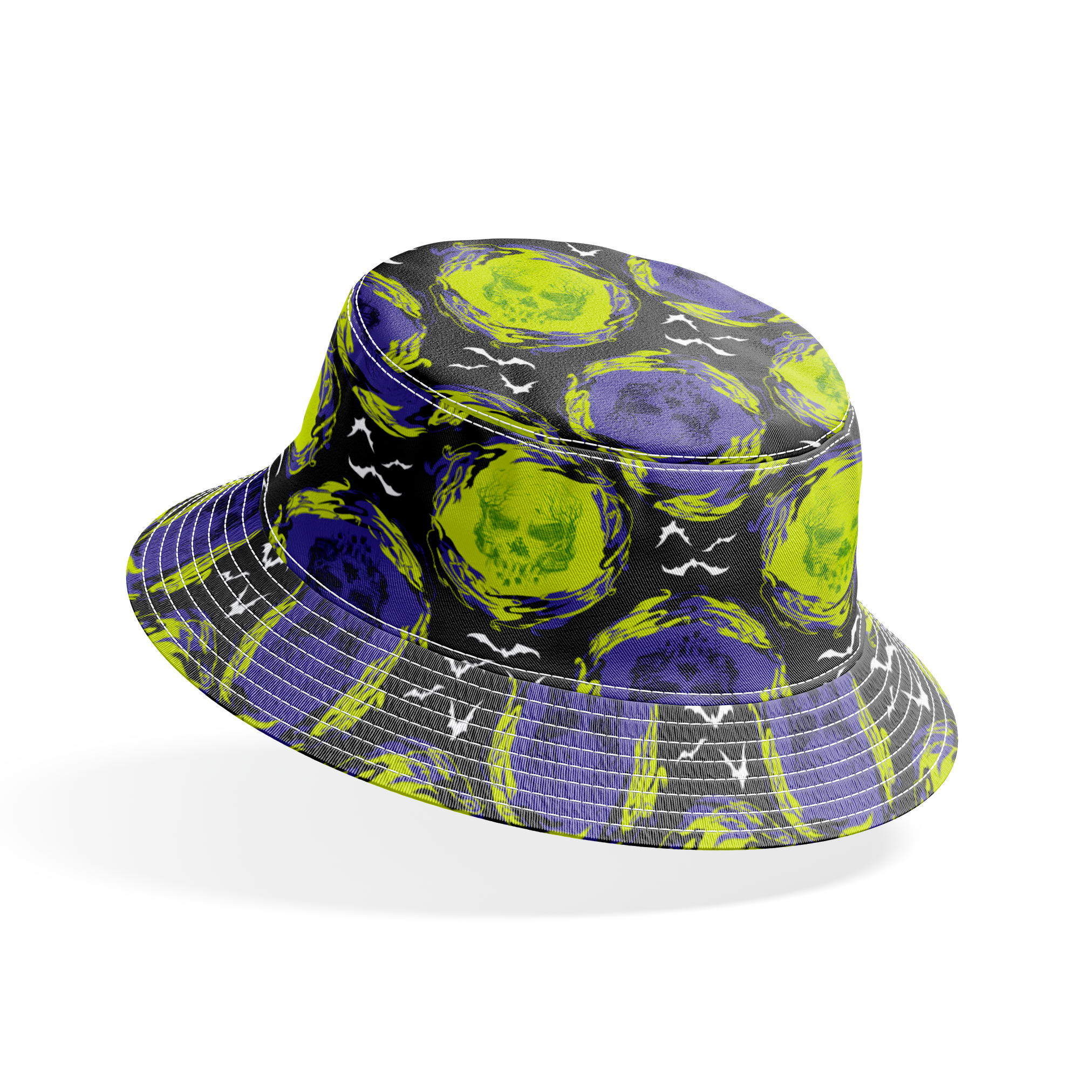 Repeating pattern of neon green and purple skulls with swirling effects on black background with white bats bucket hat mockup