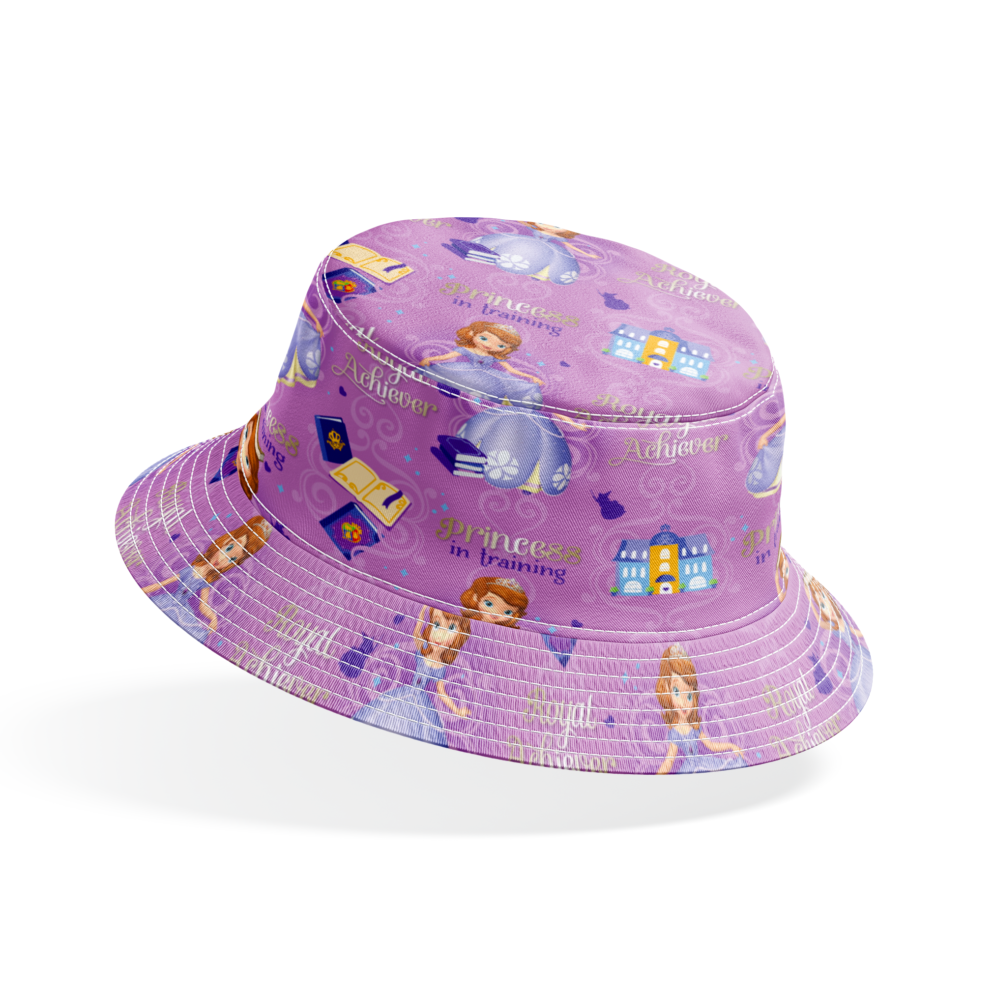 Princess Sofia pattern with "Royal Achiever" and "Princess in Training" text, purple background with castles and books bucket hat mockup