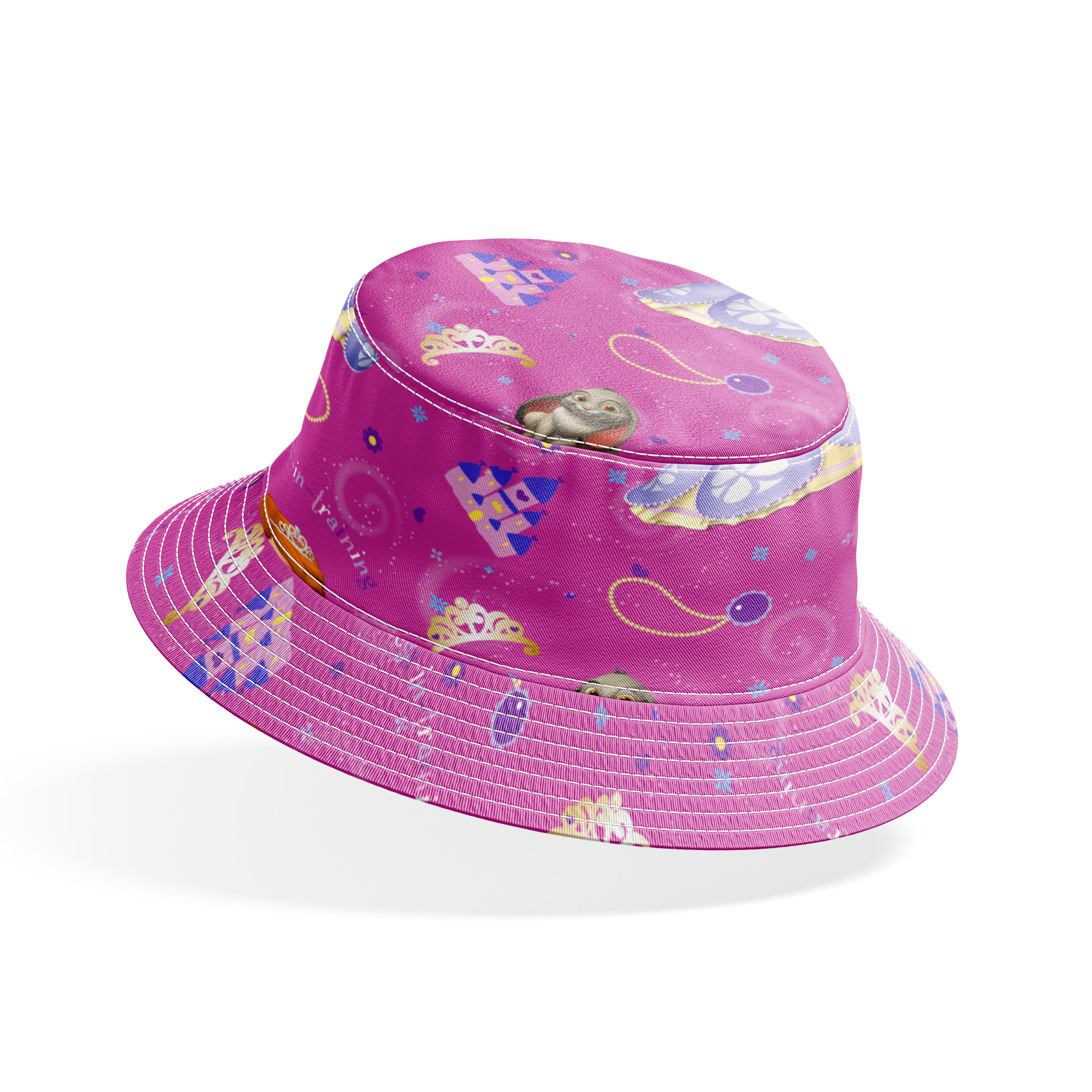 Princess Sofia pattern with purple background, crowns, castles, rabbits, and blue birds scattered among swirling designs bucket hat mockup