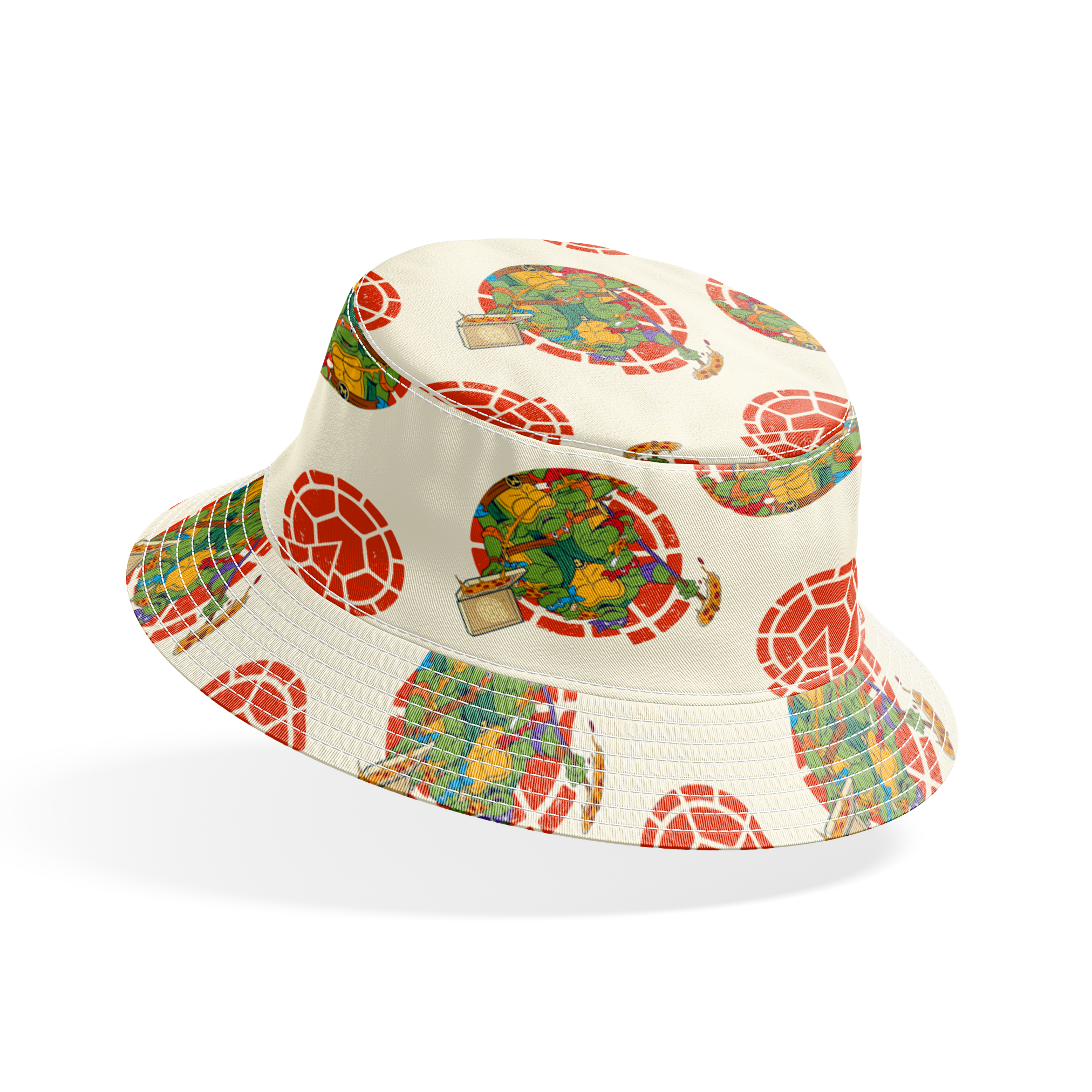 TMNT characters in circular formations on cream background with red shell pattern bucket hat mockup